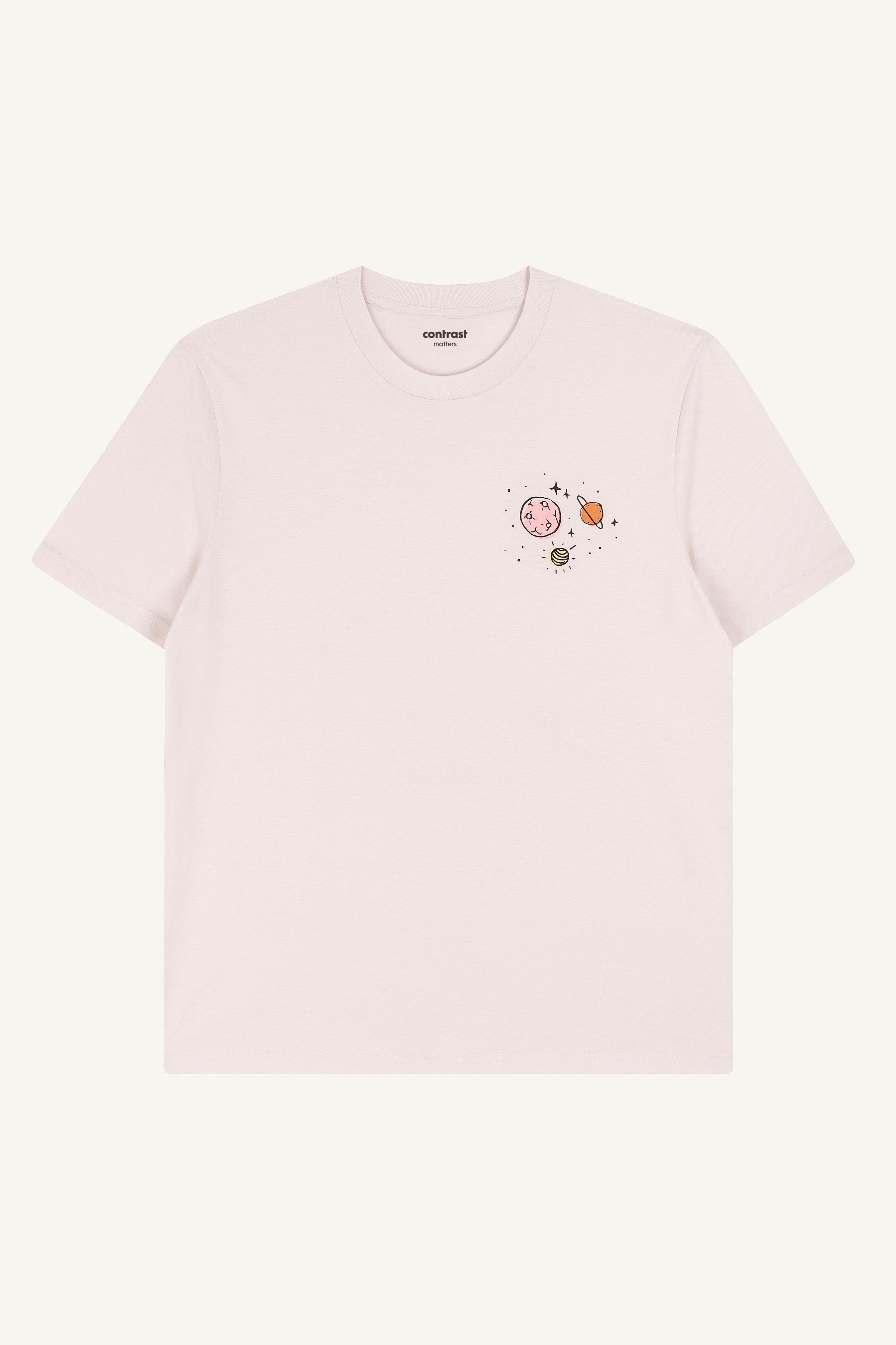 Contrast Outer Space graphic t-shirt in Vintage White organic cotton, dreamy designer graphic tee with cosmic vibe.
