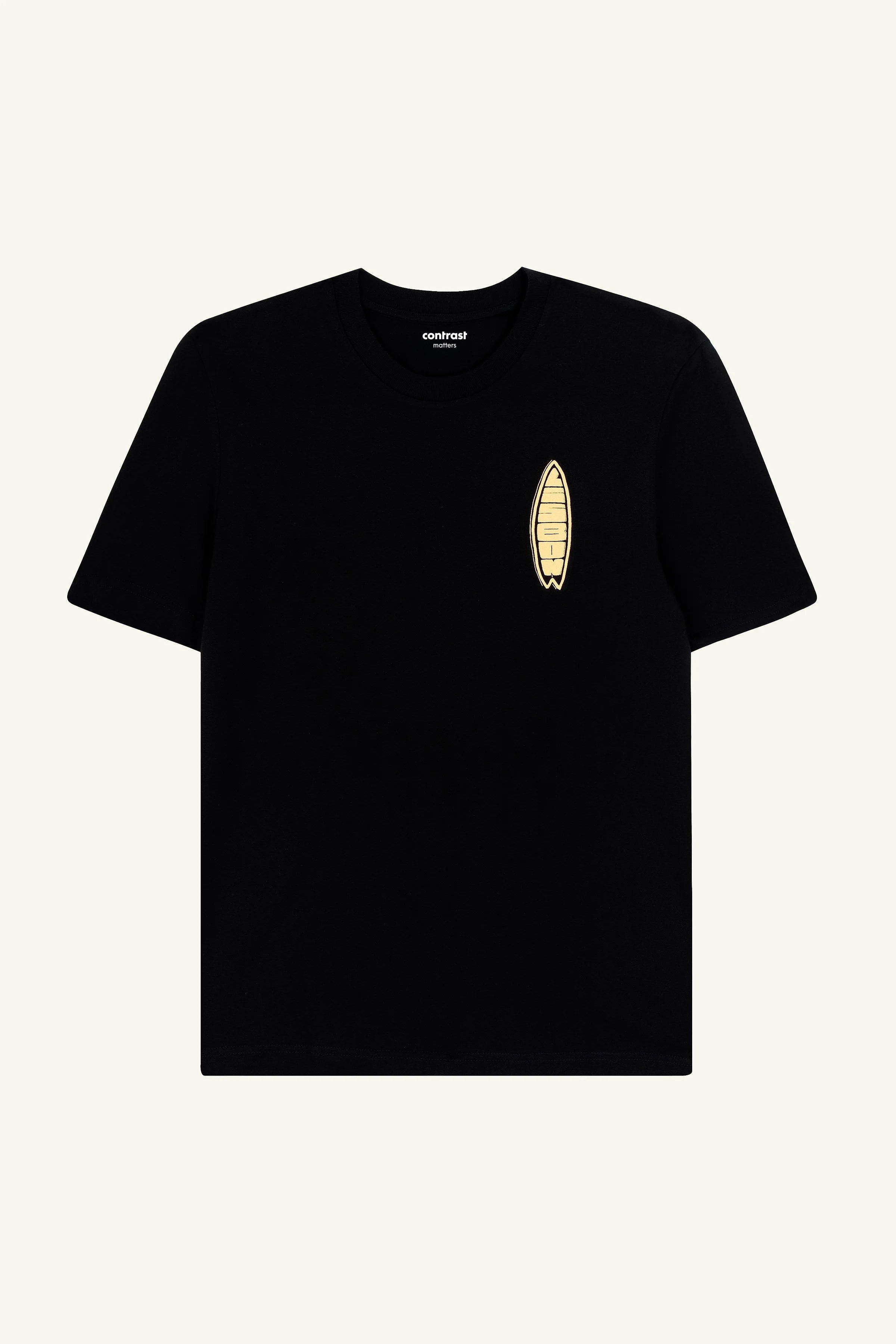 Contrast Lisbon Surfboard graphic t-shirt in Black, organic cotton designer graphic tee with surfboard print.