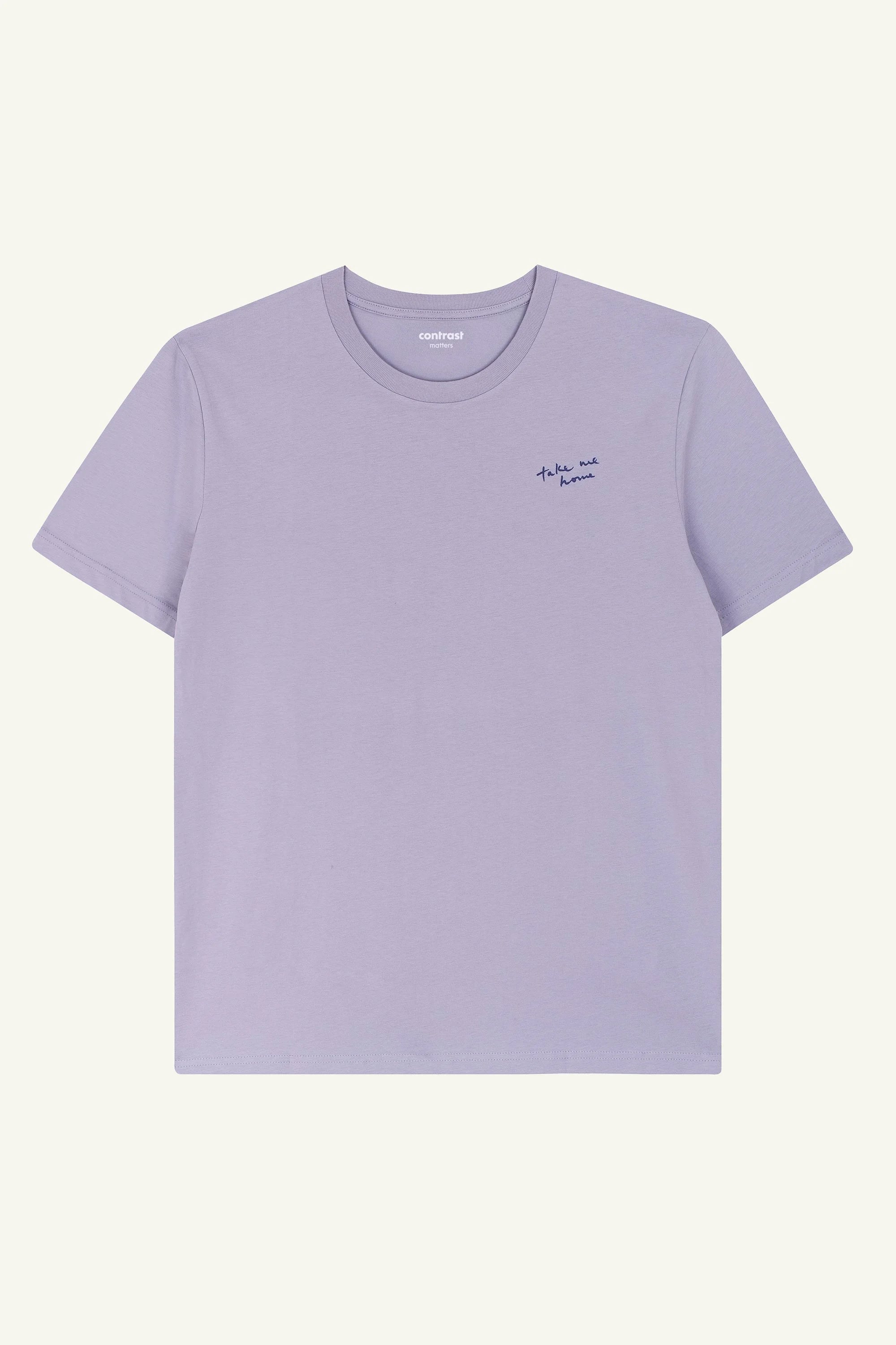 Contrast Take Me Home graphic t-shirt in Lavender, organic cotton designer graphic tee with UFO illustration.