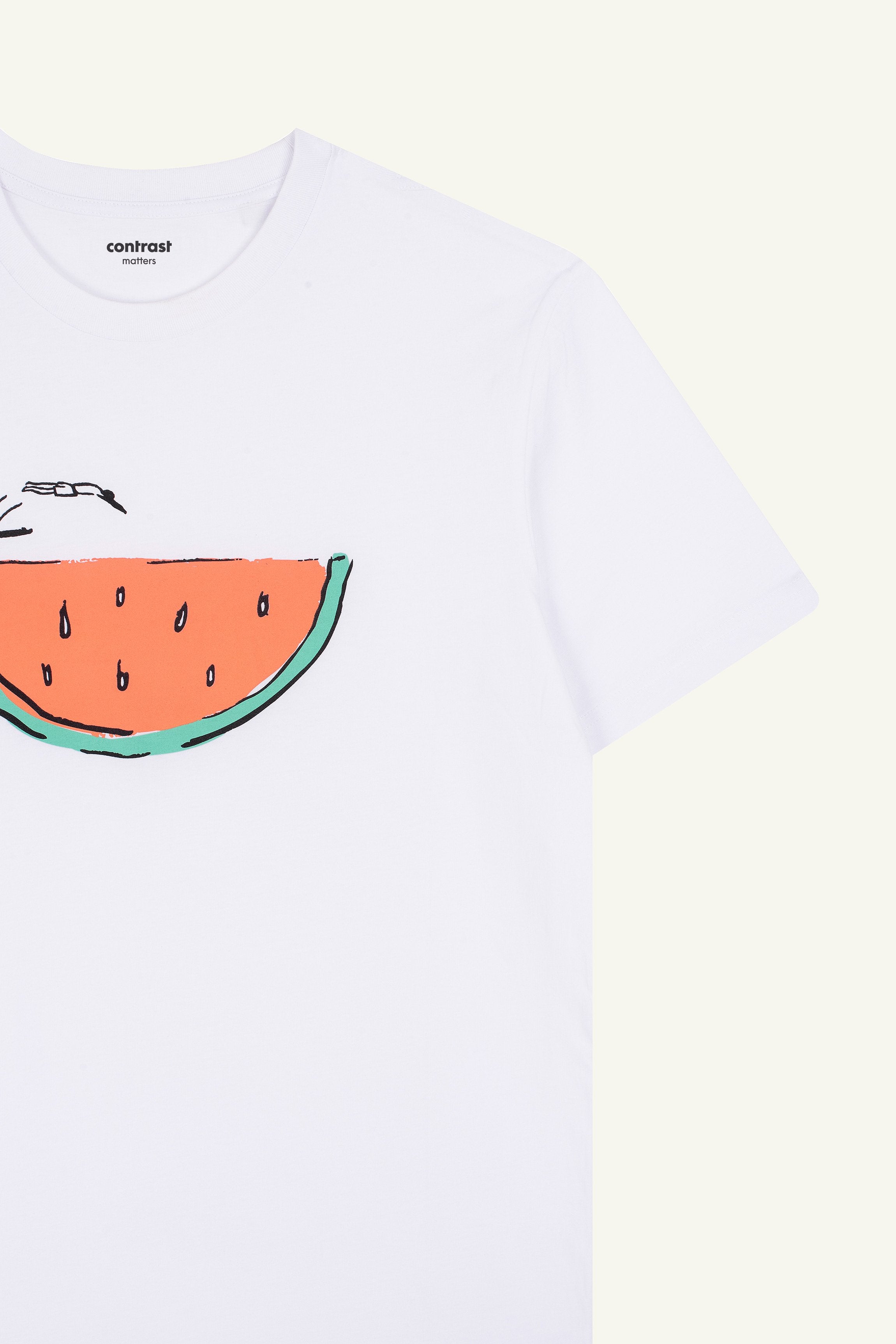 Contrast designer graphic tees collection featuring Watermelon Swim organic t-shirt in white.