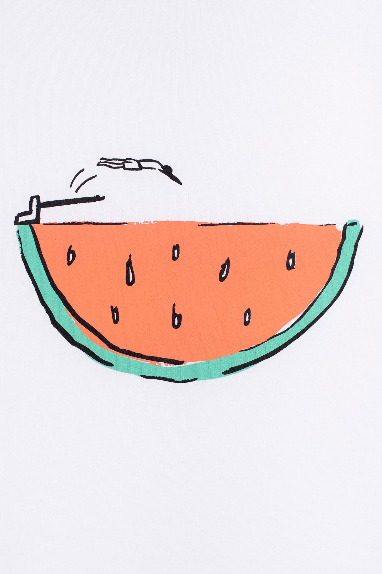 White organic cotton t-shirts by Contrast, Watermelon Swim graphic t-shirt for poolside fun.