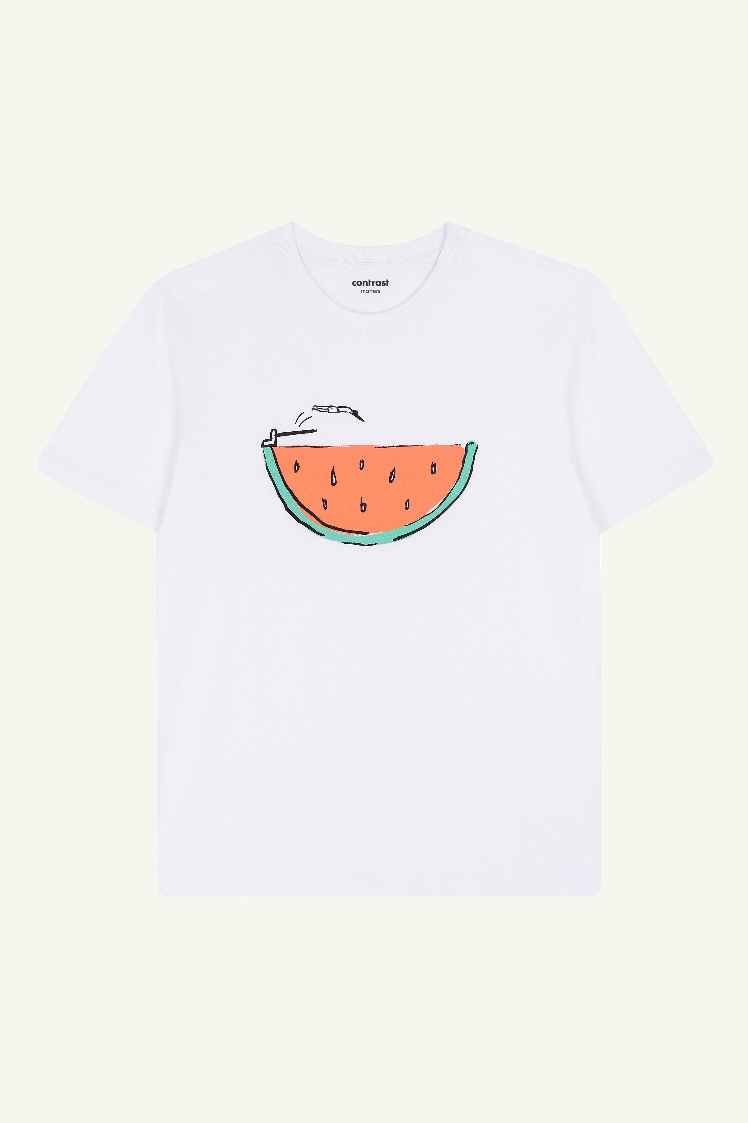 Contrast Watermelon Swim graphic t-shirt in White, organic cotton designer graphic tee with summer print.