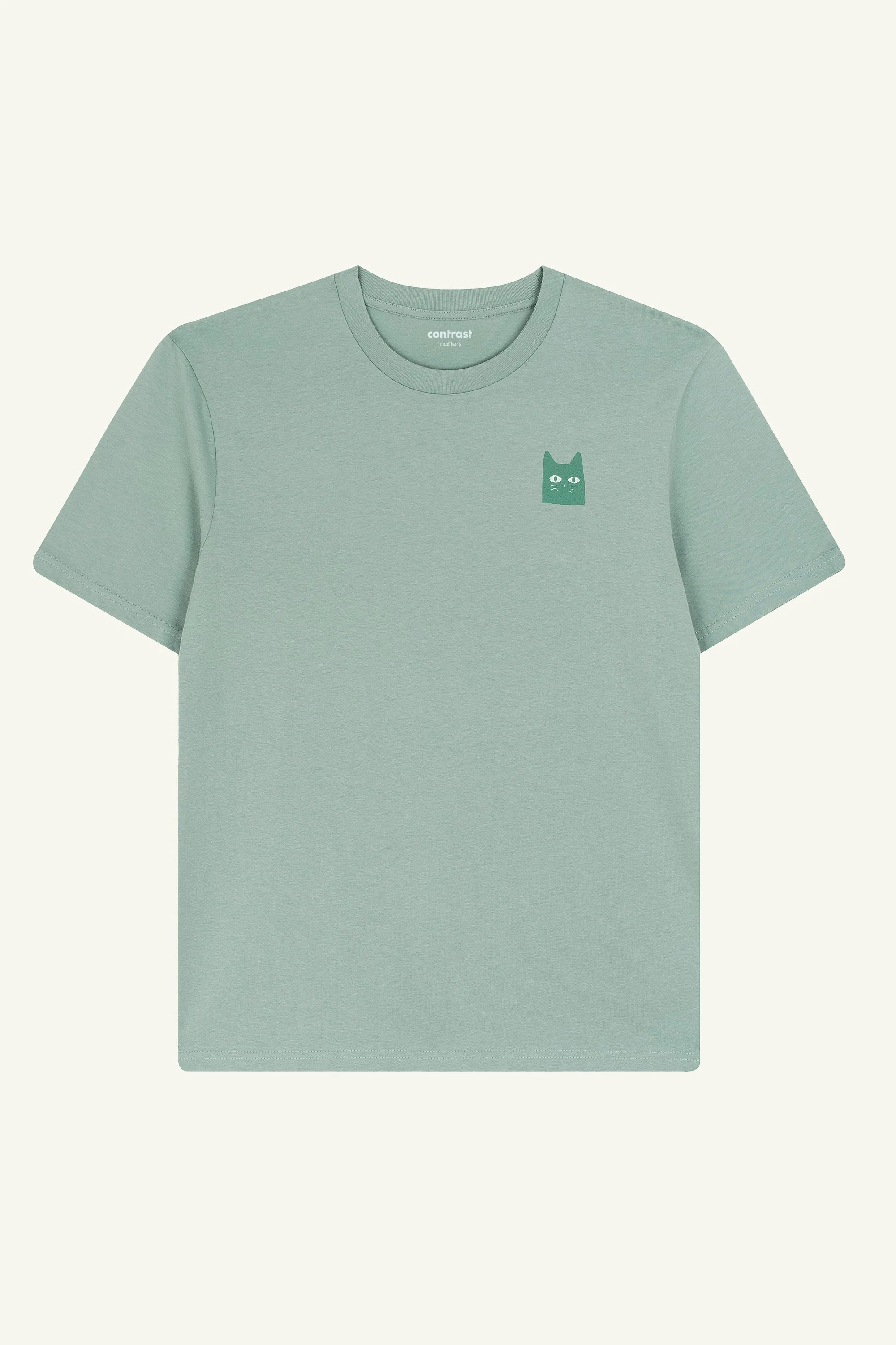 Contrast Pixel Cat Aloe Green graphic t-shirt, playful designer graphic tee in organic cotton.