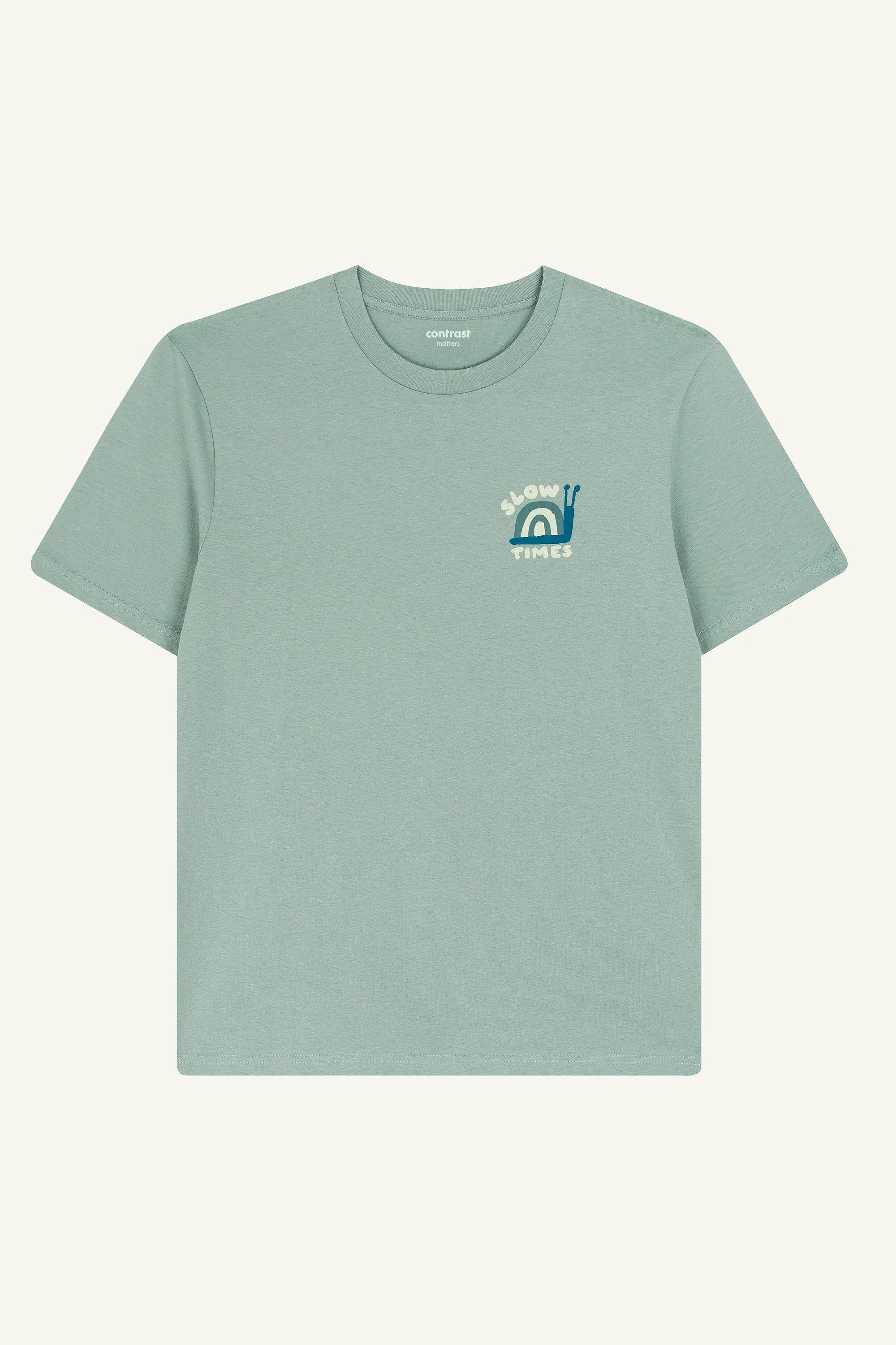 Contrast Slow Times Aloe Green graphic t-shirt, playful designer graphic tee in organic cotton.