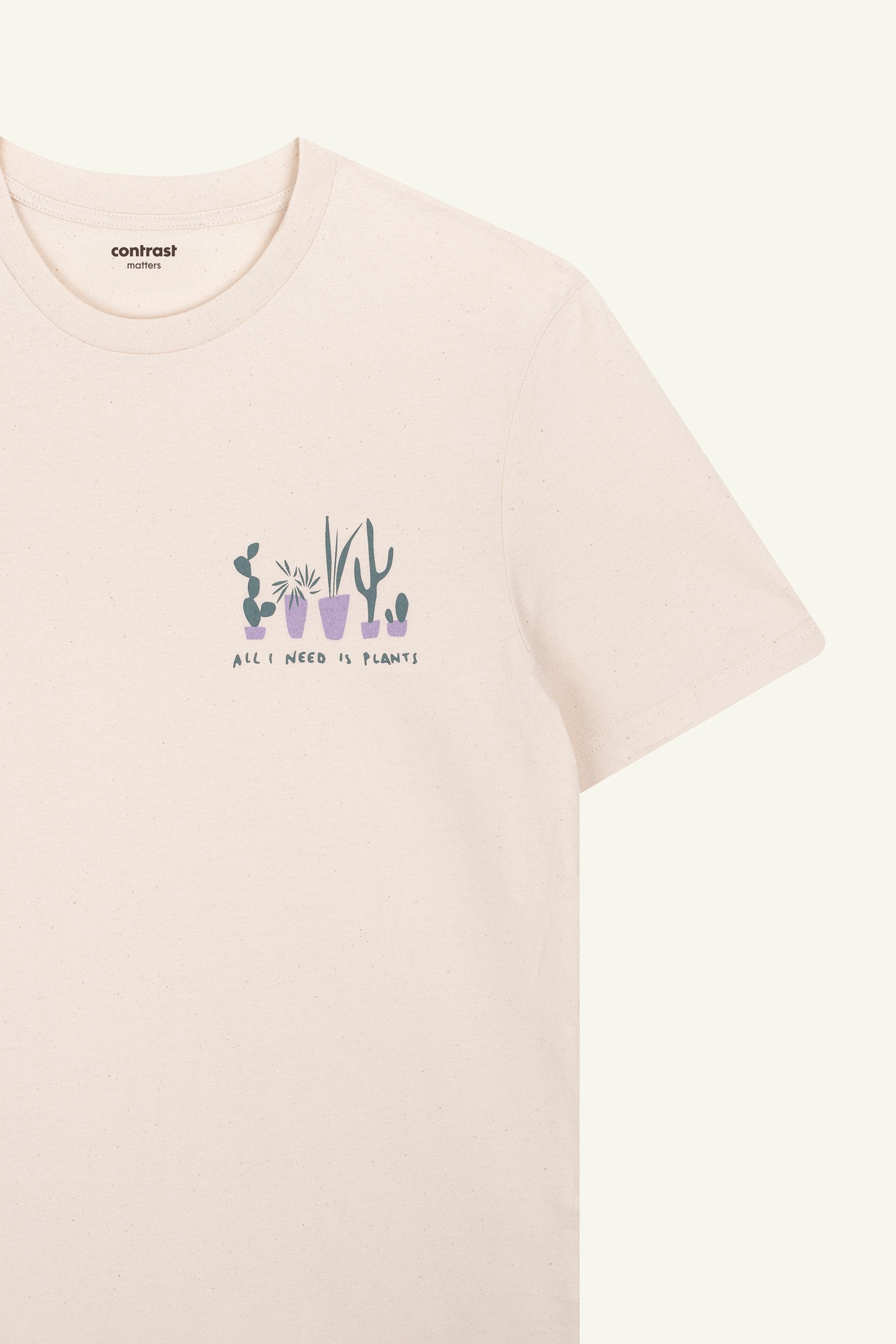 Contrast designer graphic tees collection featuring All I Need Is Plants organic tee shirts in raw cotton.
