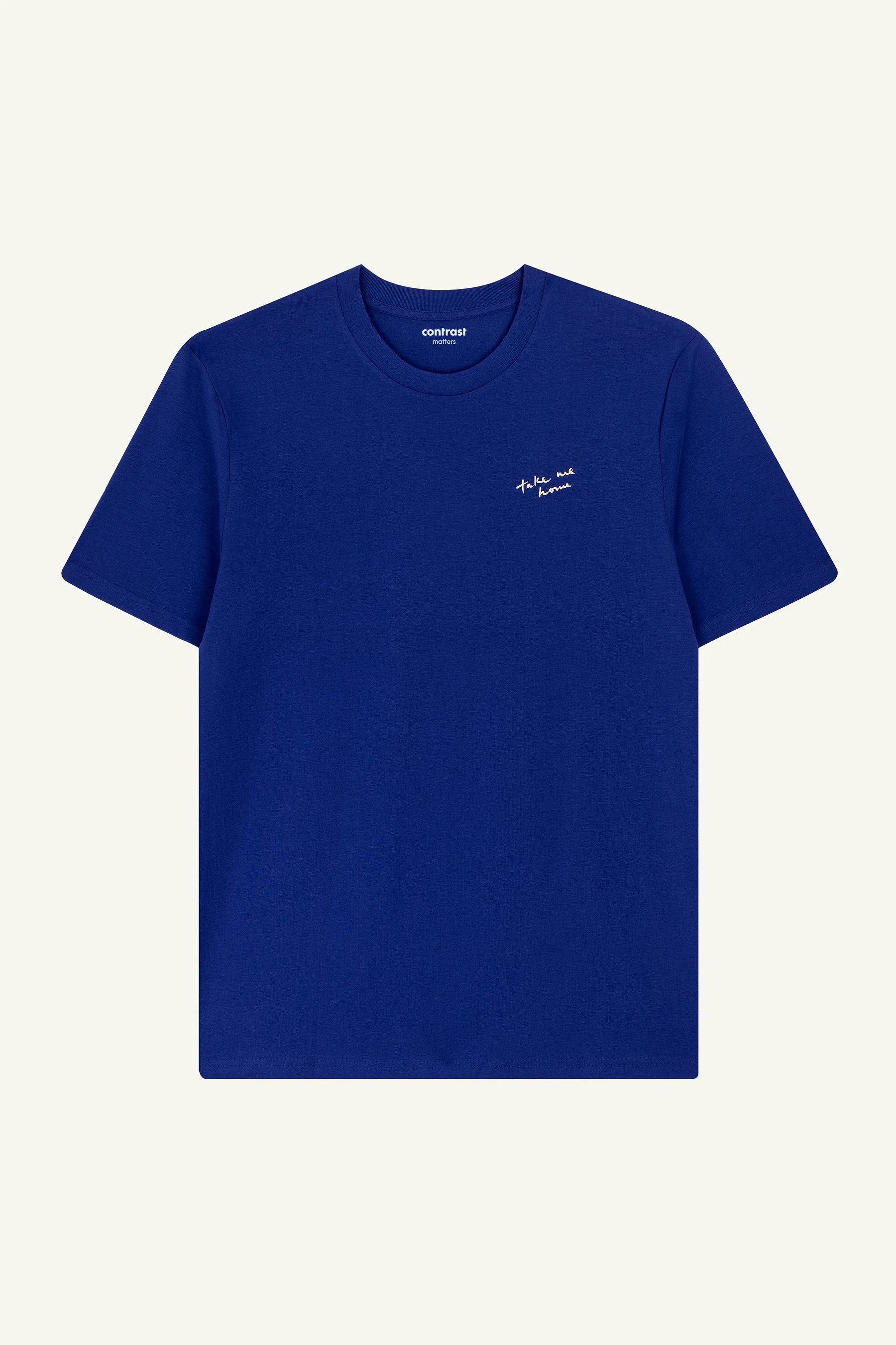 Contrast Take Me Home graphic t-shirt in Worker Blue, organic cotton designer graphic tee with UFO design.