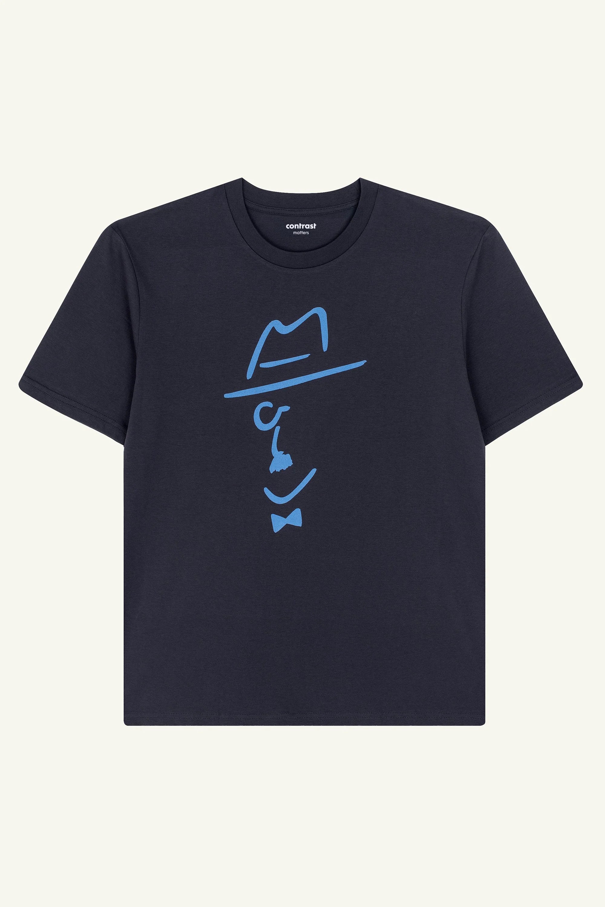 Contrast Pessoa Sketch graphic t-shirt in Indian Grey organic cotton, elegant designer graphic tee tribute to literature.