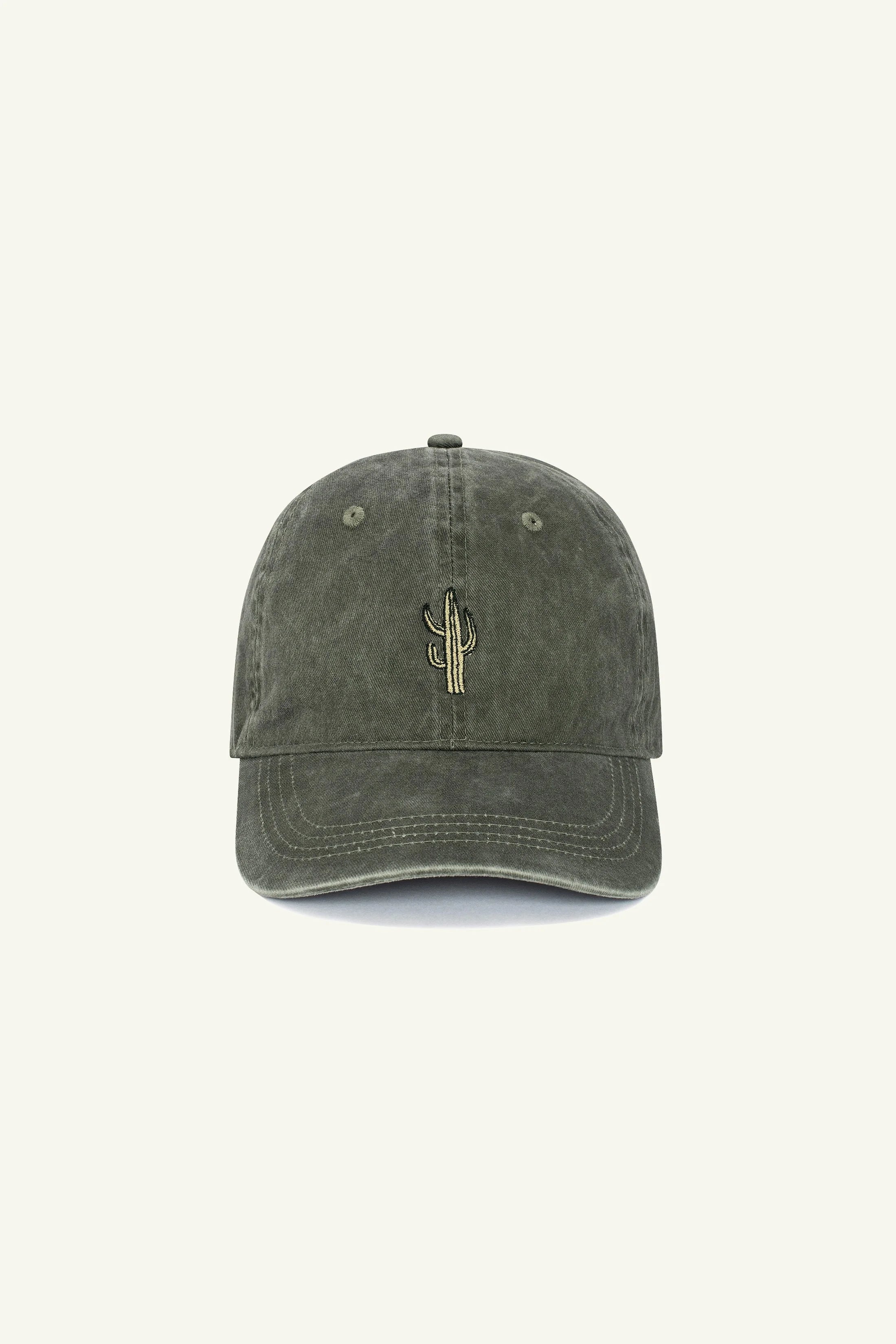 Contrast Cactus embroidered hat in Washed Khaki, organic cotton graphic cap