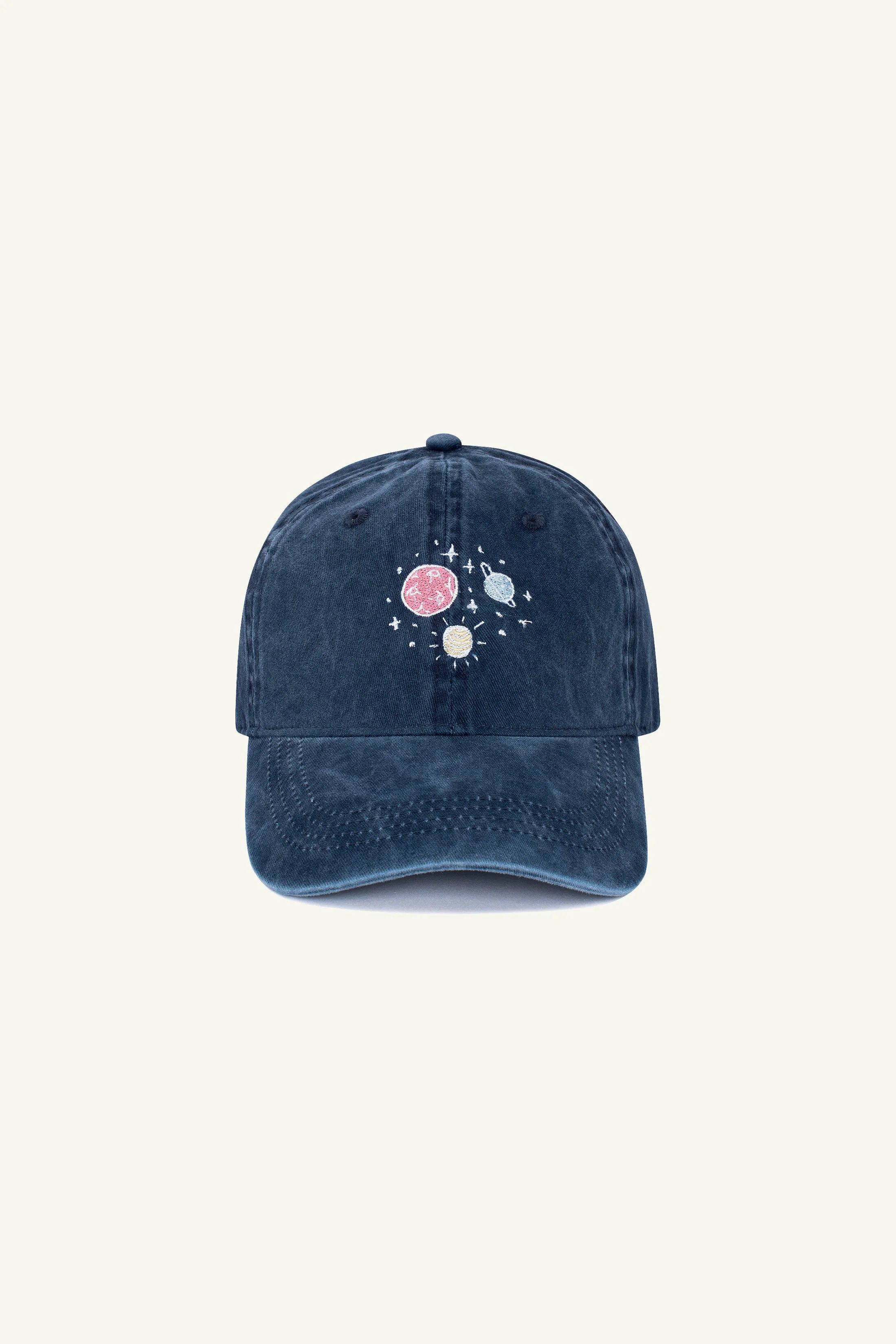 Contrast Outer Space embroidered hat in Washed Navy Blue, organic cotton cosmic cap