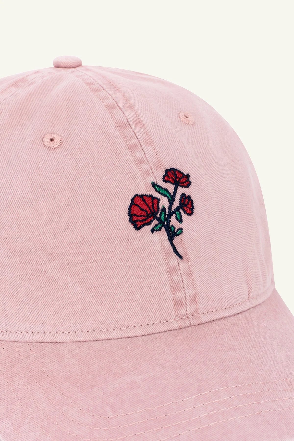 Sustainable embroidered hat, Contrast Small Rose design in organic cotton Washed Rose cap
