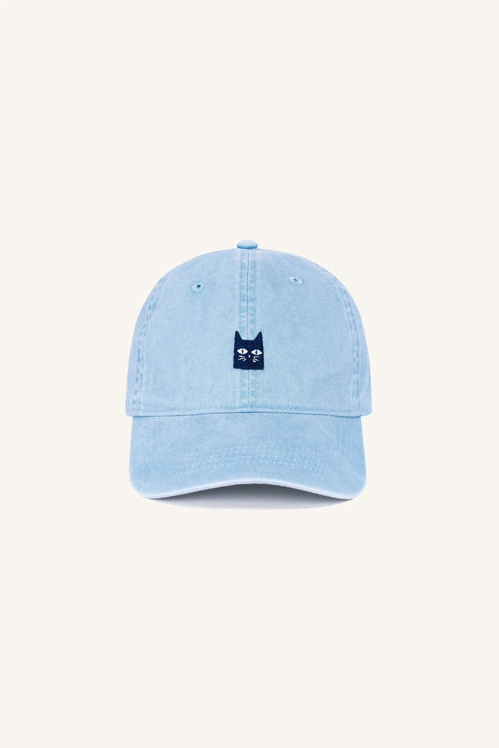 Contrast Pixel Cat embroidered hat in Washed Aquamarine, organic cotton casual cap