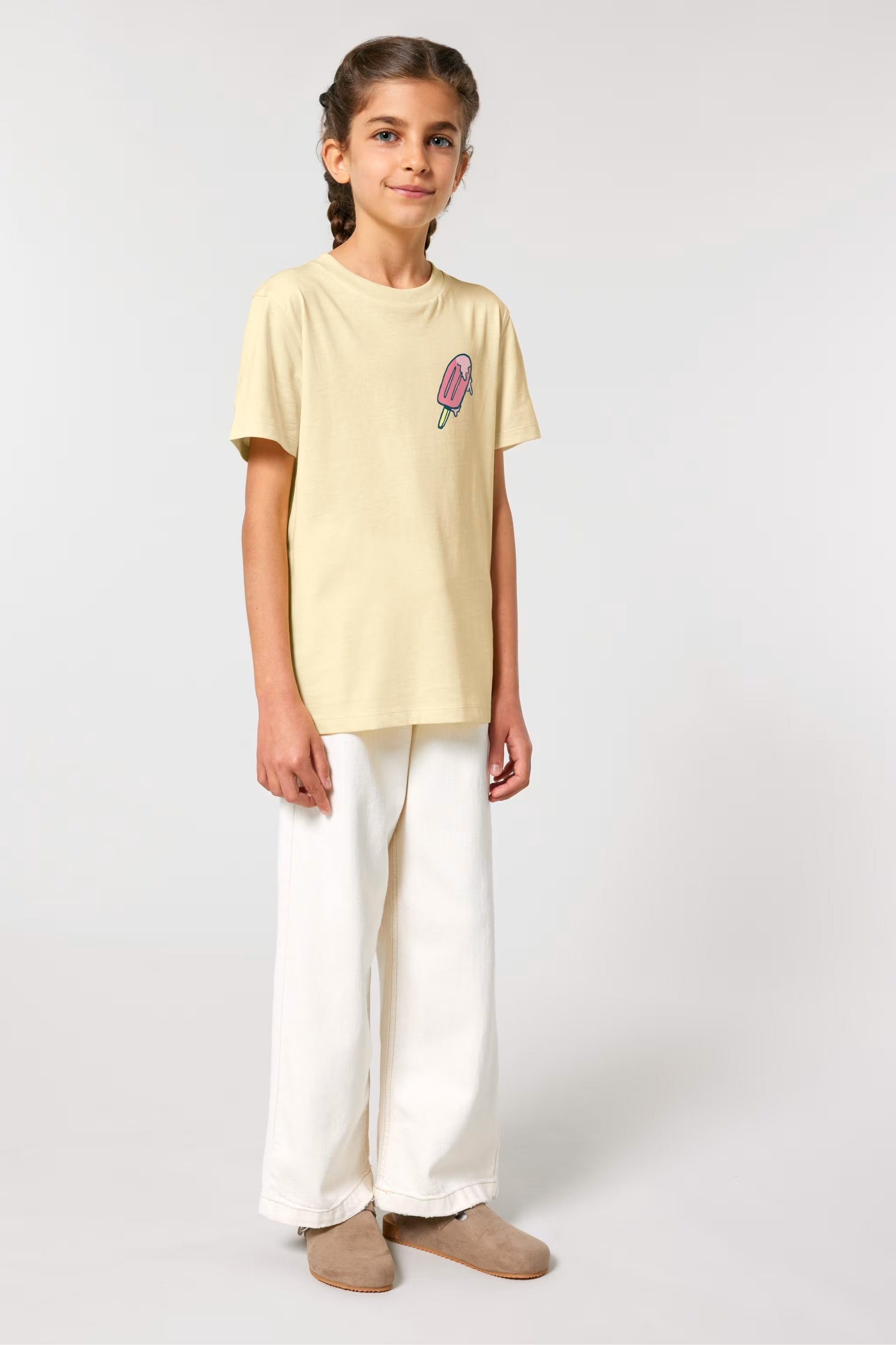 Organic cotton kids t-shirt by Contrast, Melting Icecream Butter Yellow fun summer design