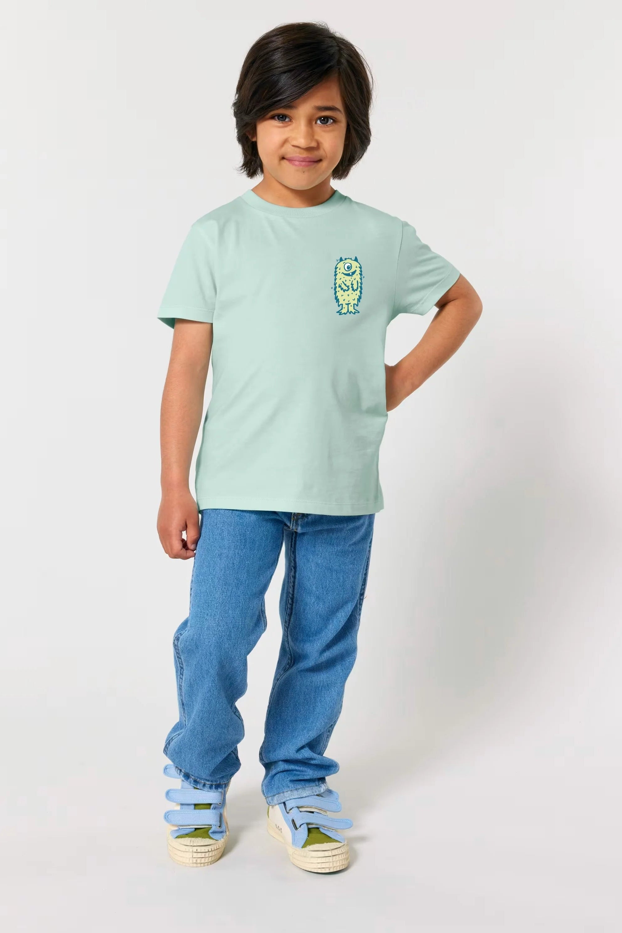 Organic cotton kids t-shirt by Contrast, Monster Caribbean Blue design full of energy