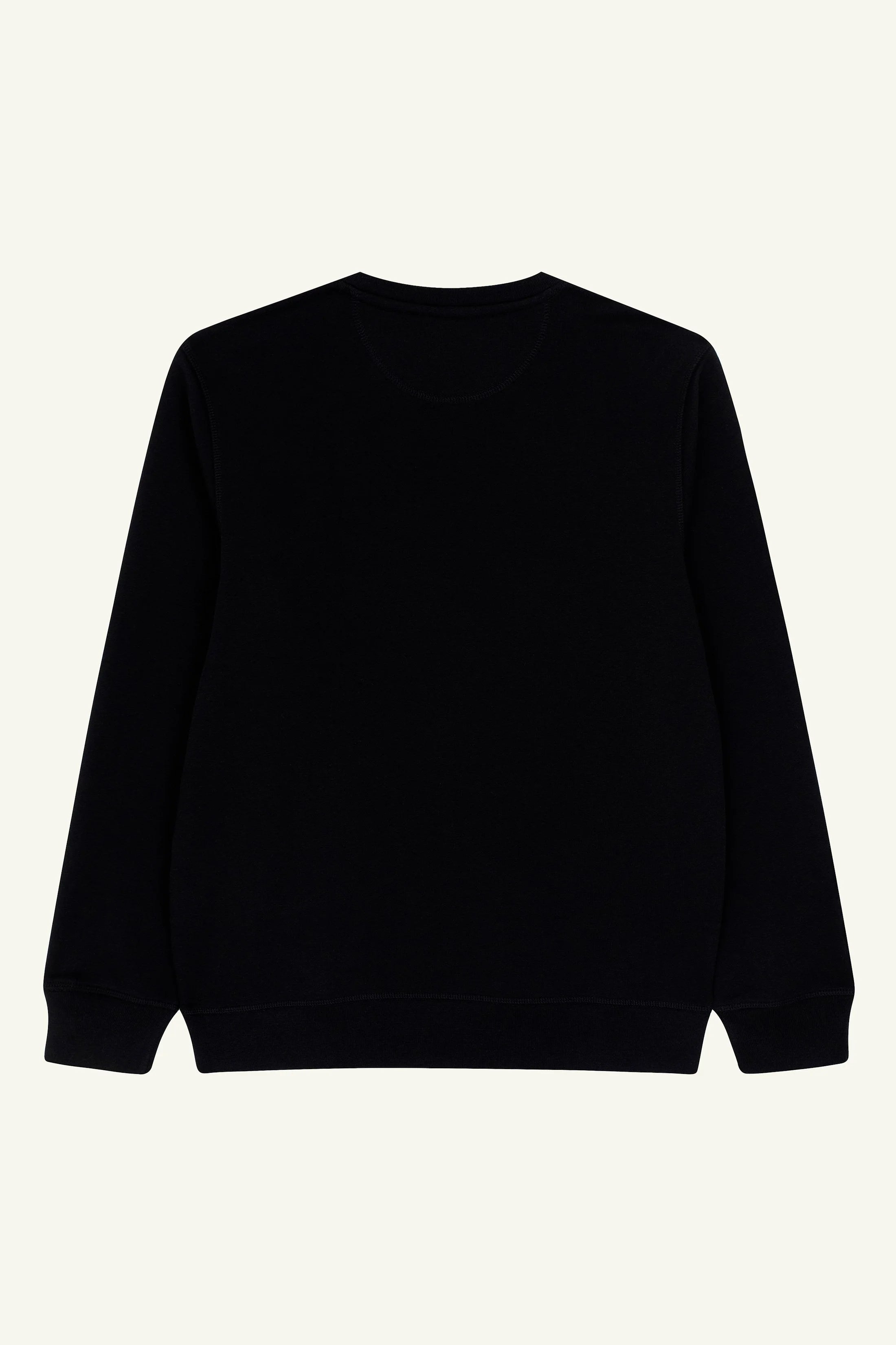 Strawberry embroidered black organic cotton sweatshirt, casual sustainable outfit.