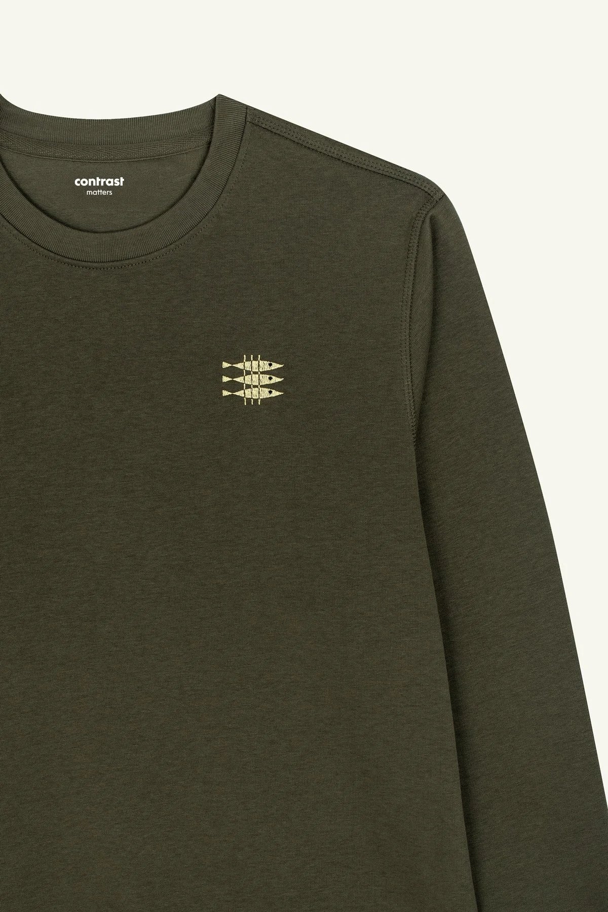Contrast Sardines sweatshirt, cosy organic cotton sweatshirt in Khaki Green for coastal vibes