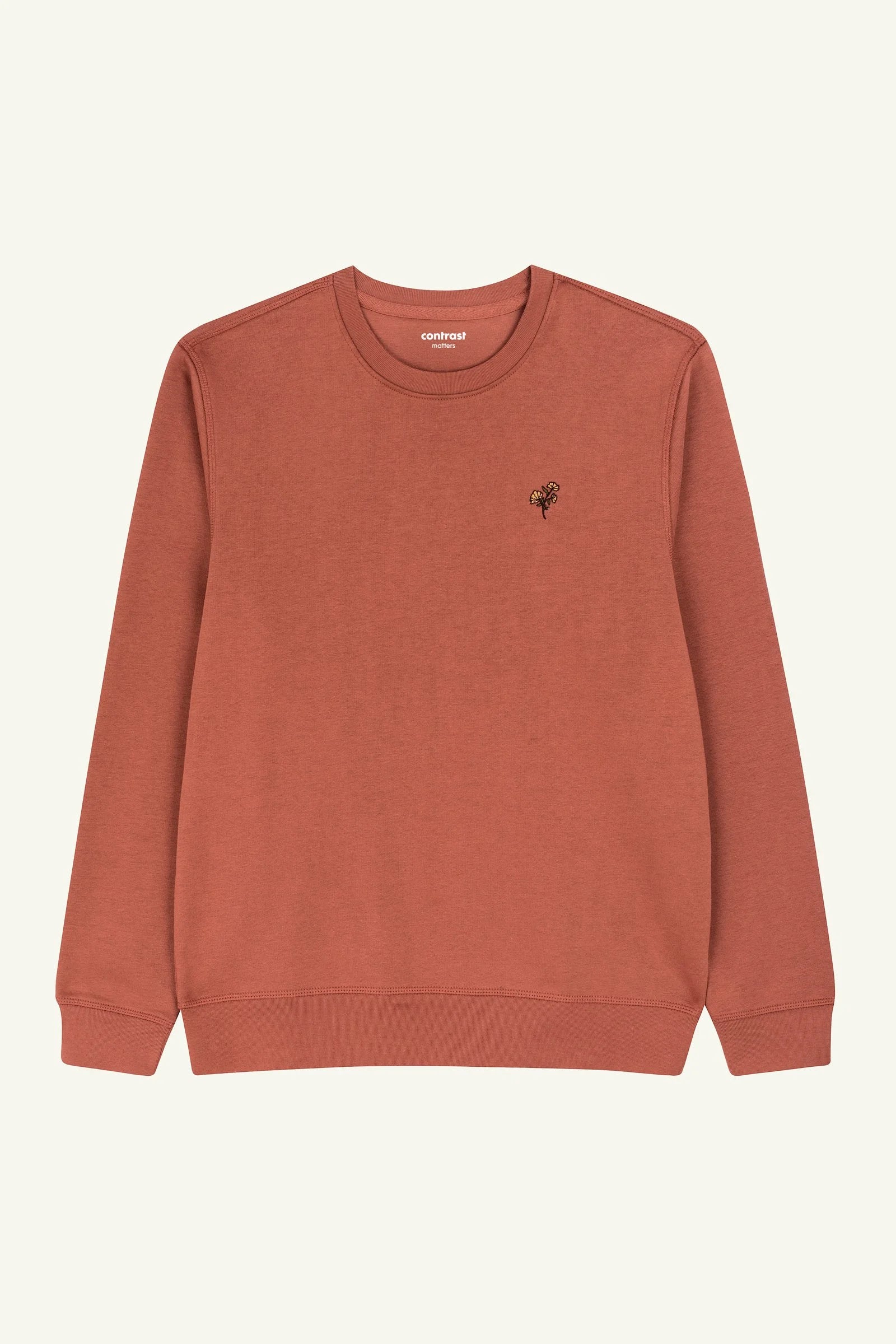 Contrast Small Rose sweatshirt in Heritage Brown, organic cotton sweatshirt with subtle embroidered rose