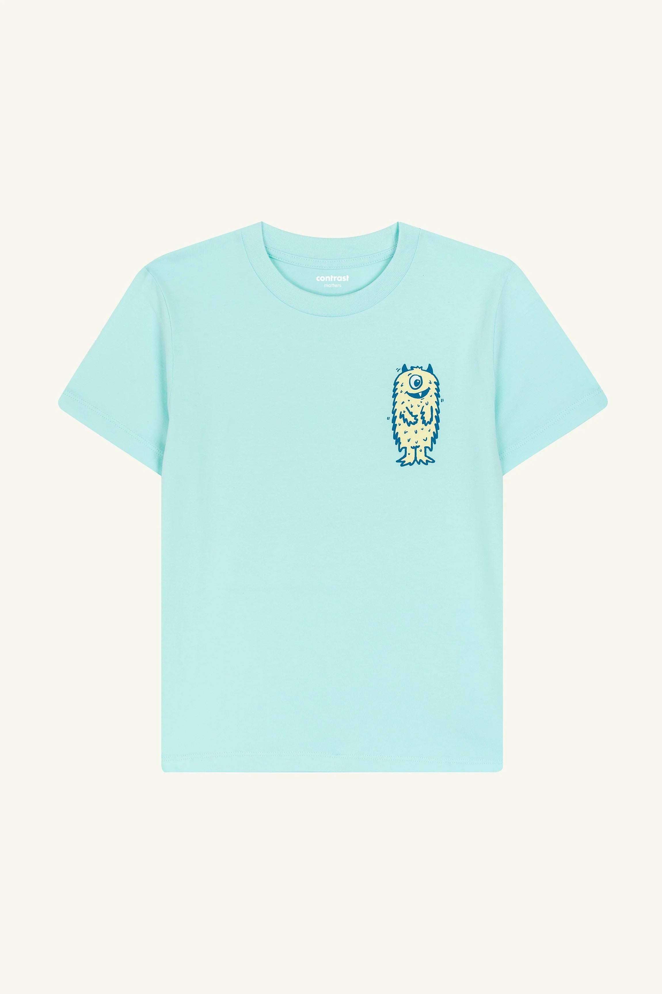 Contrast Monster kids t-shirt in Caribbean Blue, organic cotton playful graphic tee