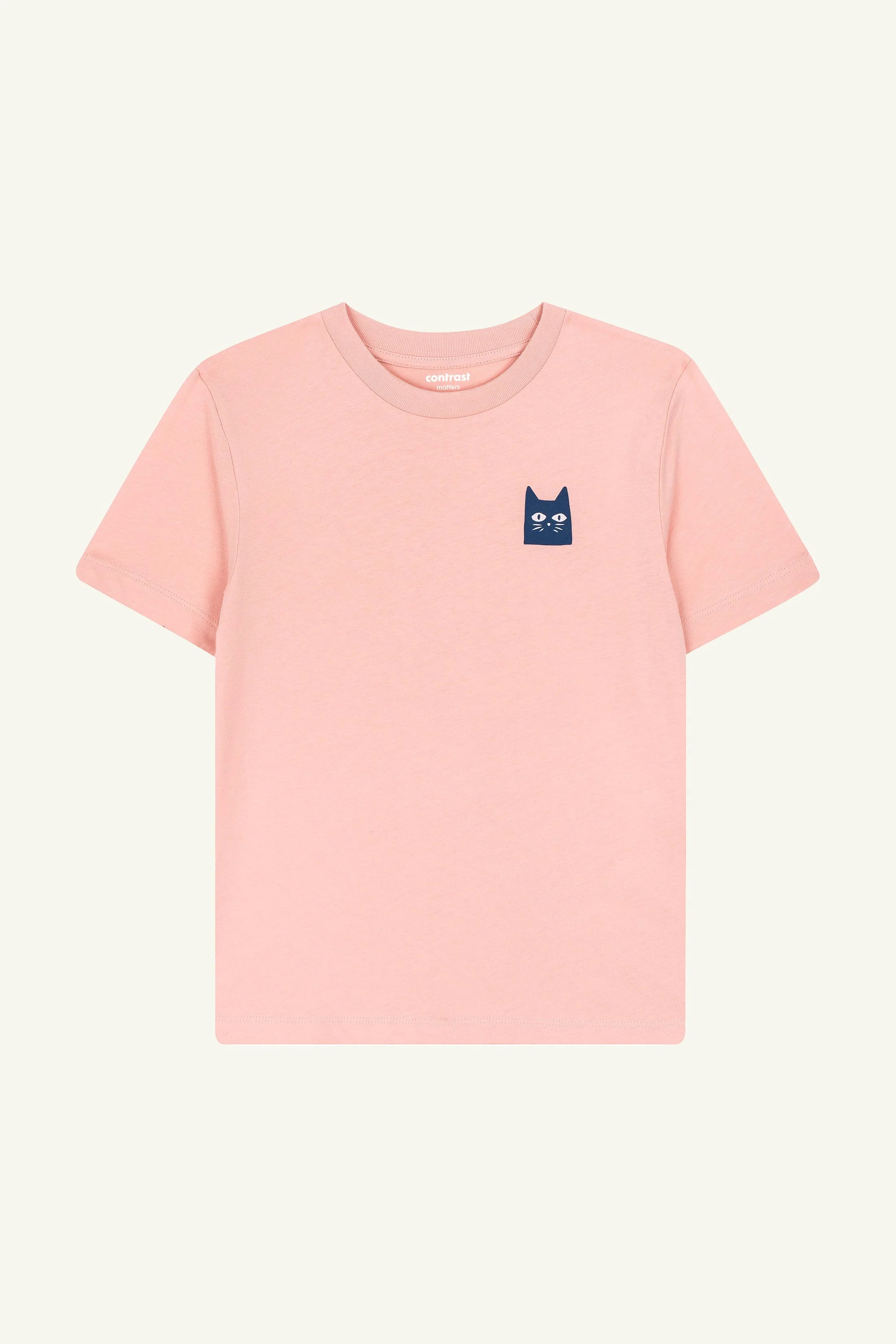 Contrast Pixel Cat kids t-shirt in Peach Orange, organic cotton graphic tee designed in Portugal