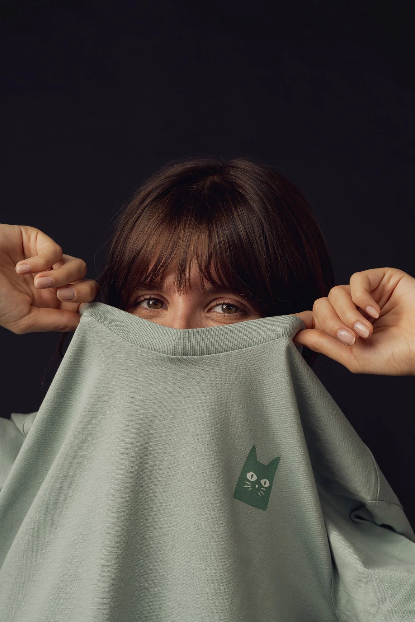 Contrast graphic designer tees Pixel Cat edition, Aloe Green organic cotton t-shirt with unique print.