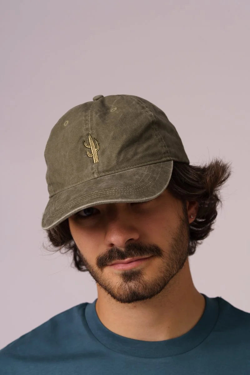 Unisex embroidered organic cotton hat, Contrast Cactus Washed Khaki graphic cap