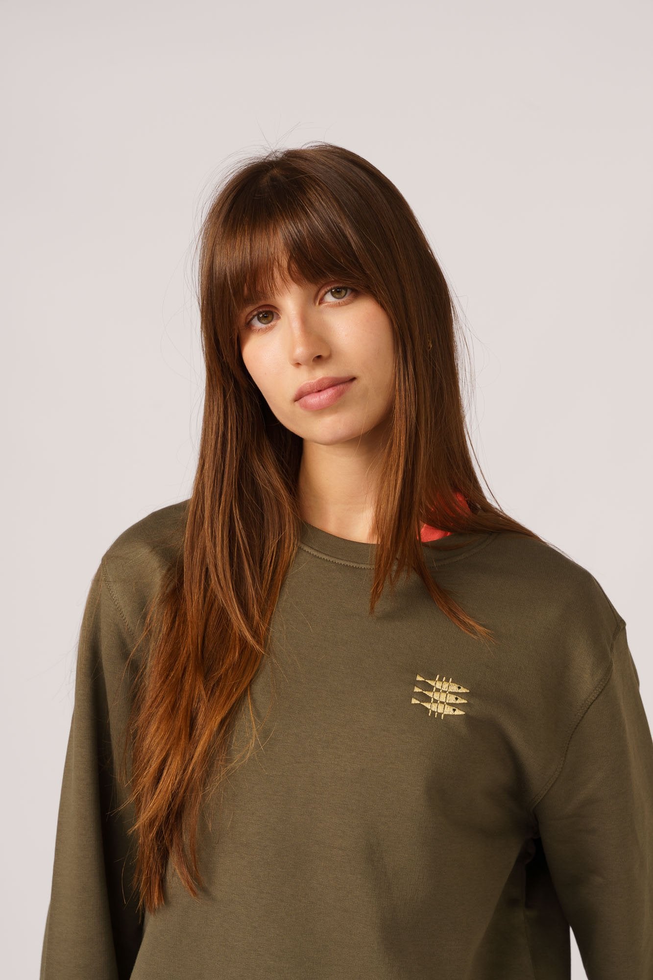 Sustainable sweatshirt in Khaki Green organic cotton, Contrast Sardines graphic design