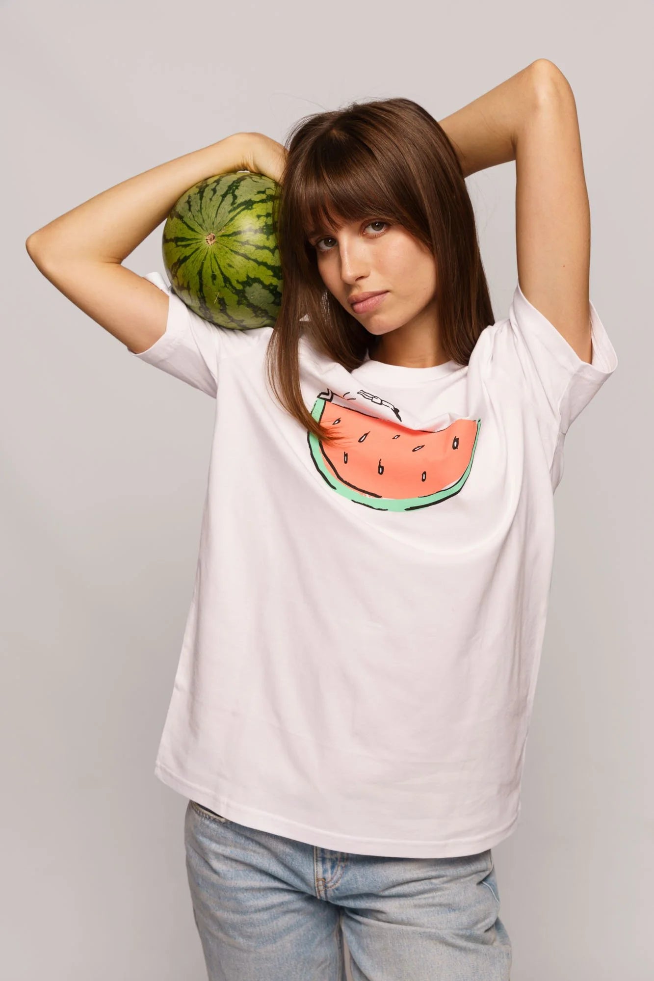 Contrast organic t-shirts Watermelon Swim edition, white graphic tee for summer lifestyle.