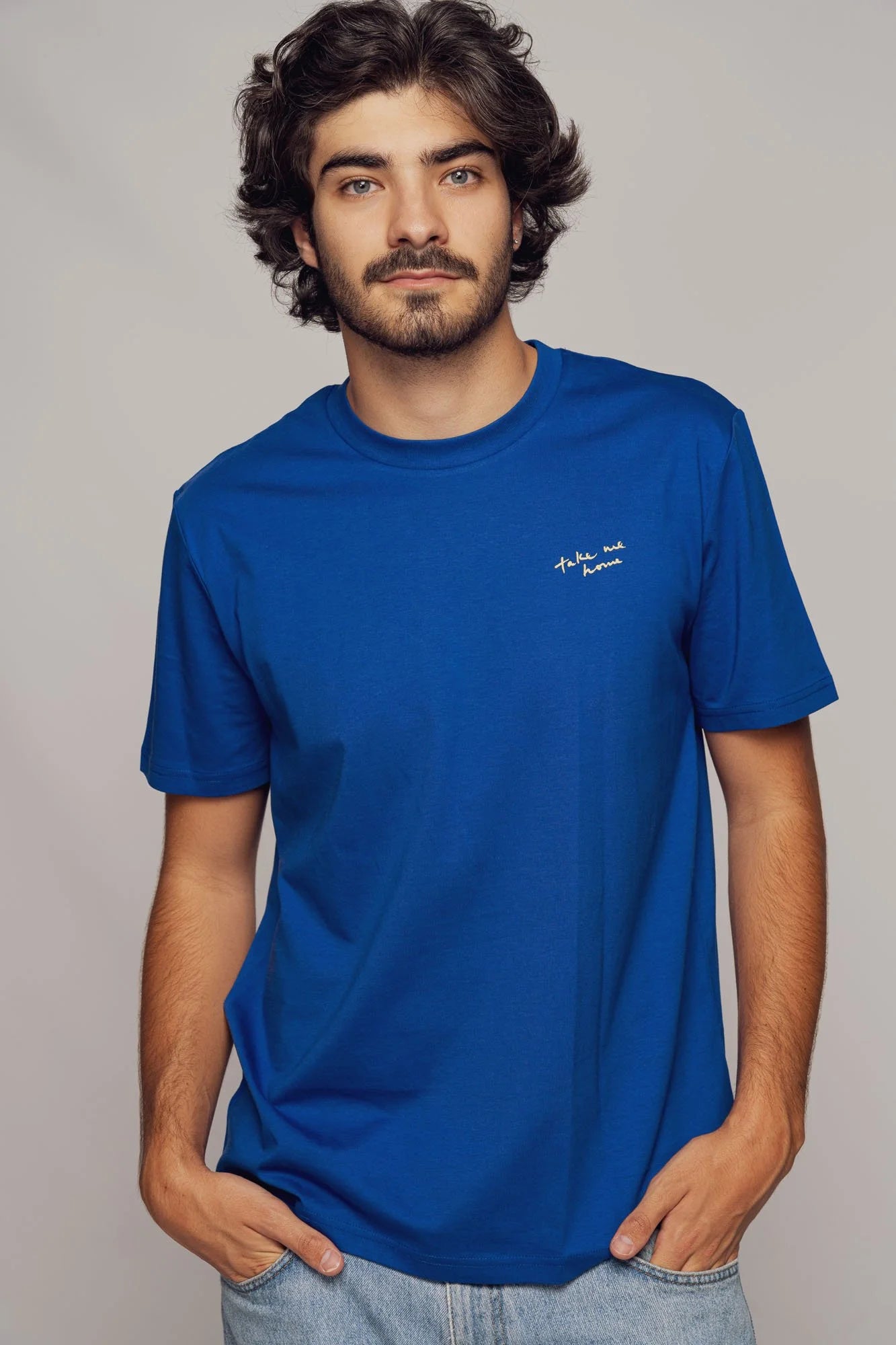 Contrast designer graphic tees collection featuring Take Me Home organic t-shirt in Worker Blue.