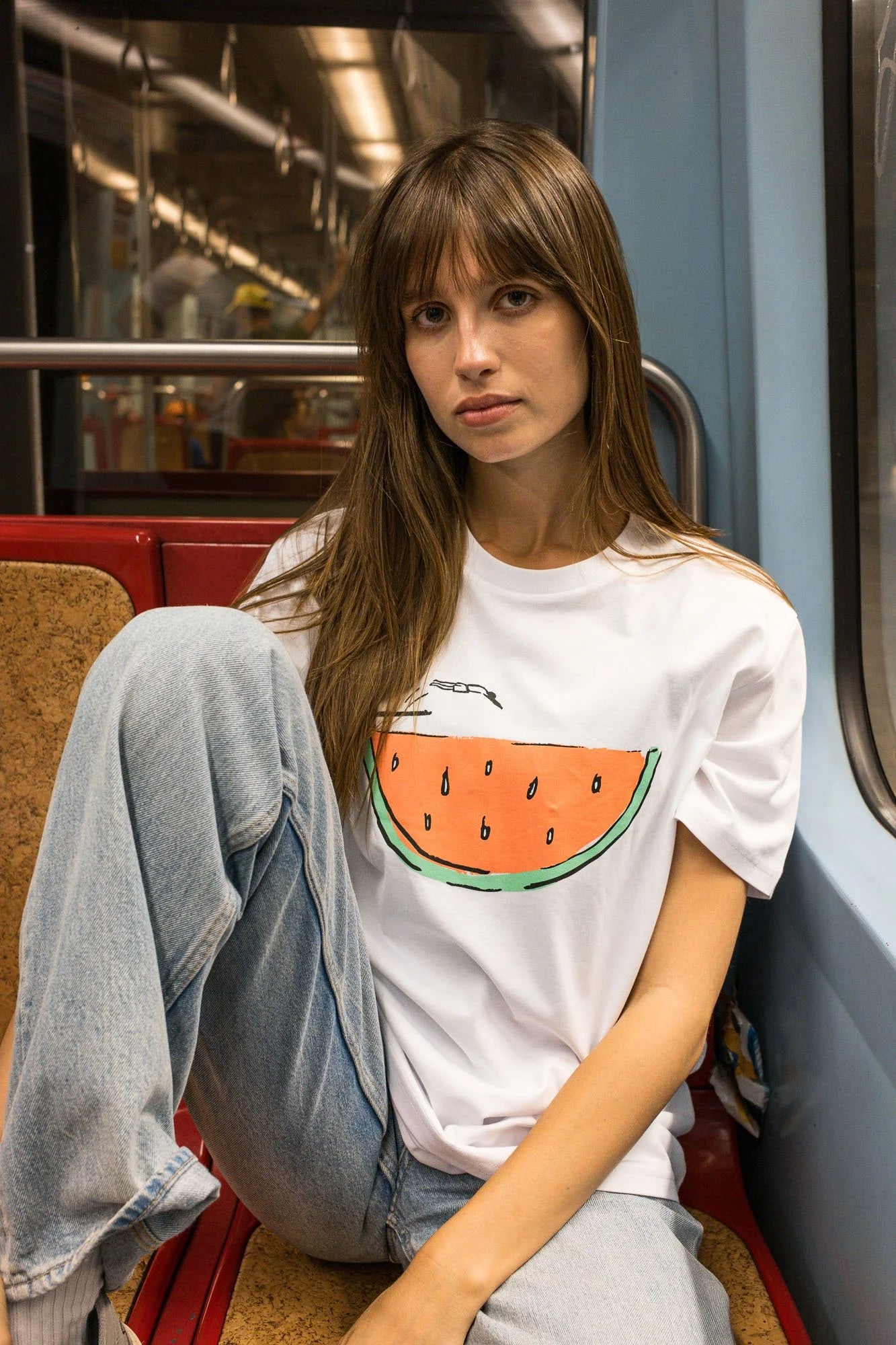 Organic tee shirts by Contrast, Watermelon Swim t-shirt graphic design with playful fruit illustration.