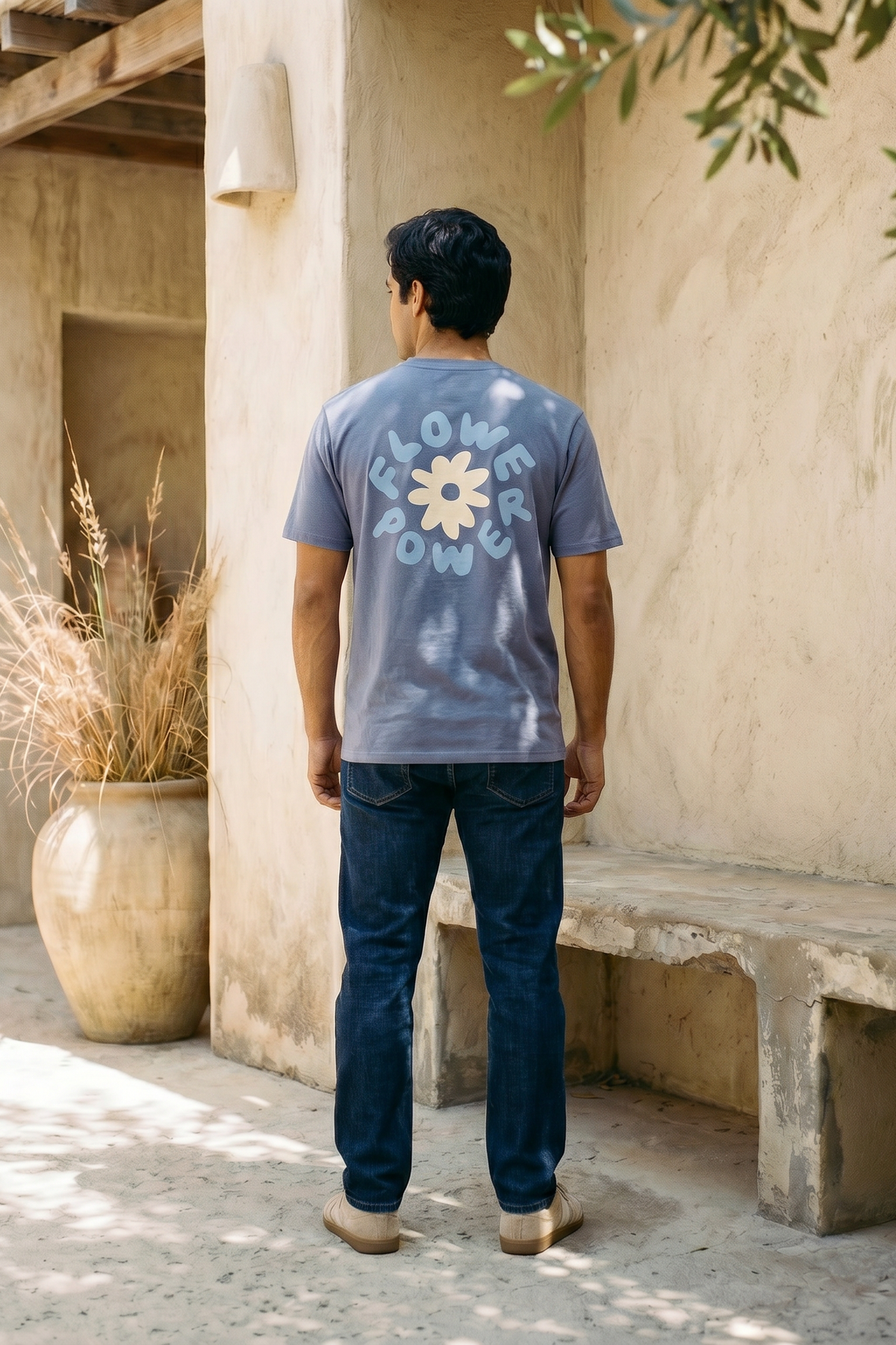 Contrast Flower Power graphic t-shirt in Blue Grey, organic cotton (5 of 11)