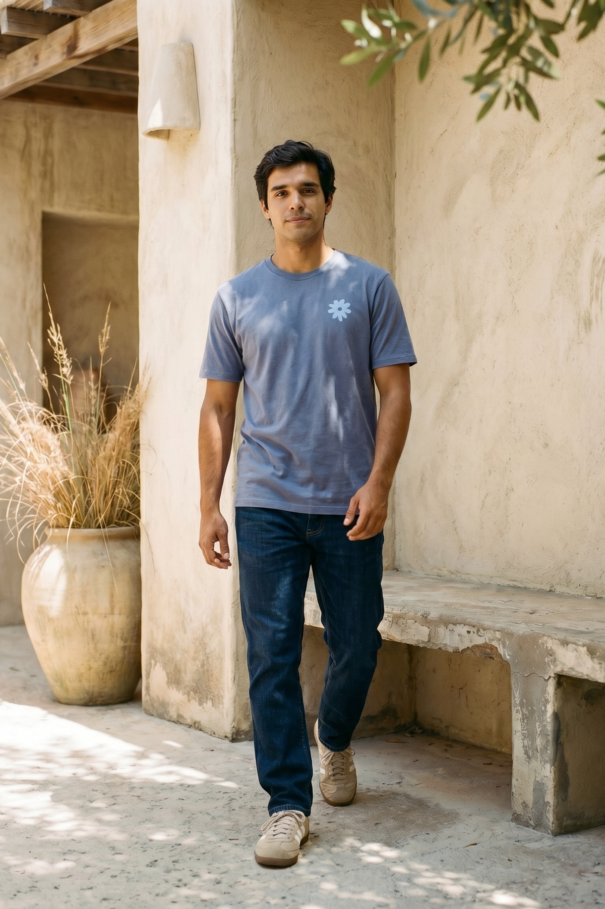 Contrast Flower Power graphic t-shirt in Blue Grey, organic cotton (4 of 11)