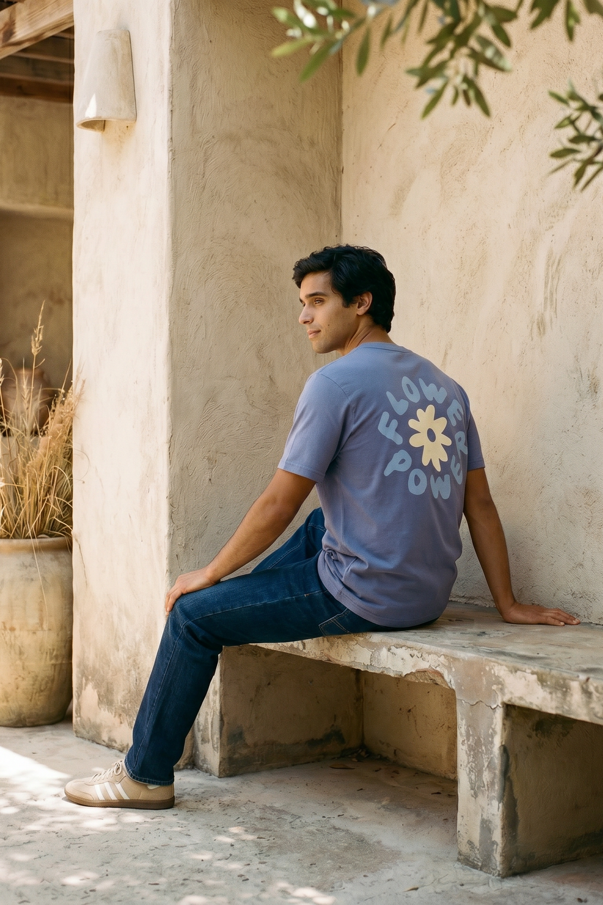 Contrast Flower Power graphic t-shirt in Blue Grey, organic cotton (3 of 11)