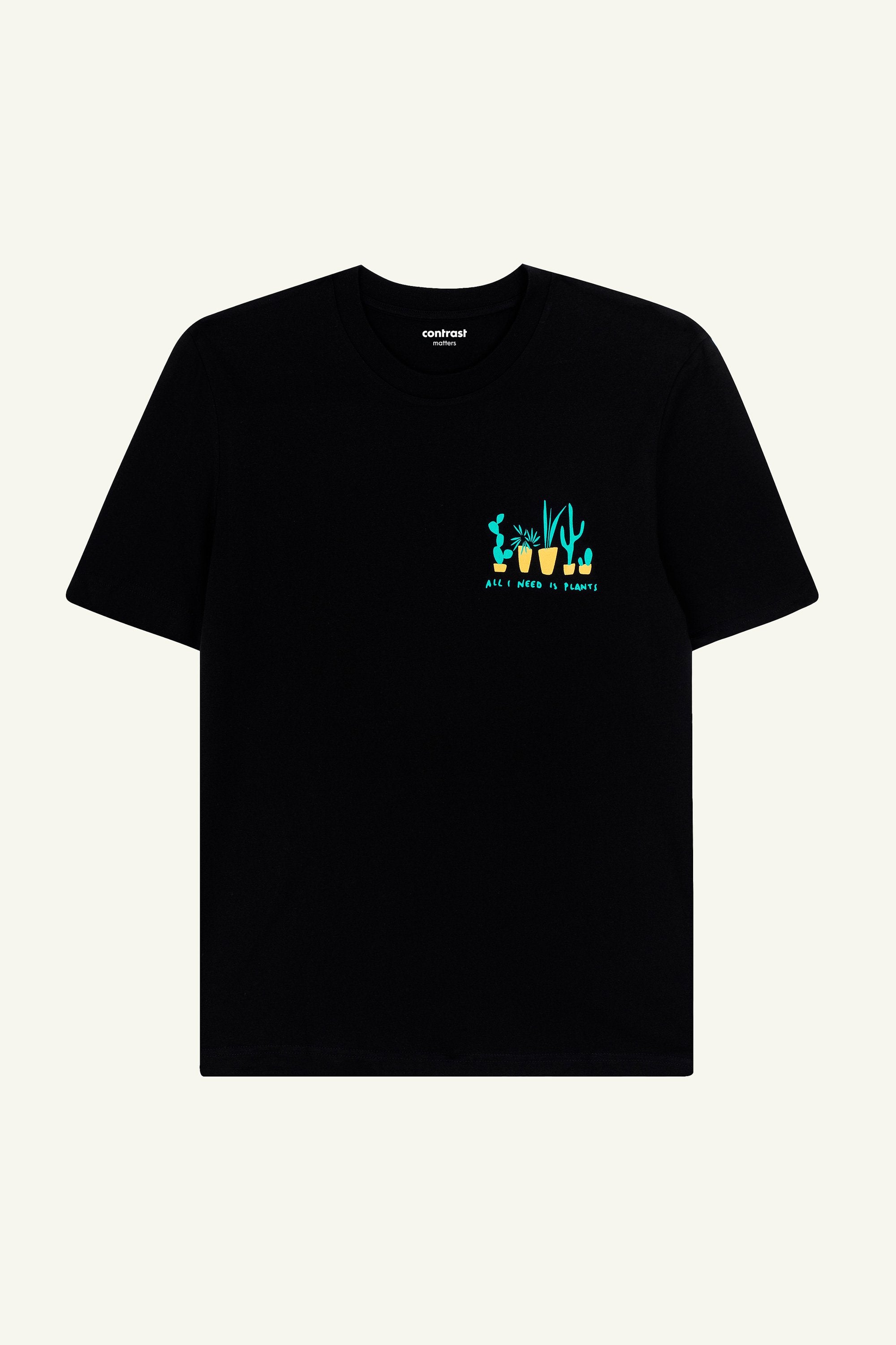 Contrast All I Need Is Plants graphic t-shirt in Black, organic cotton designer graphic tee with botanical print.
