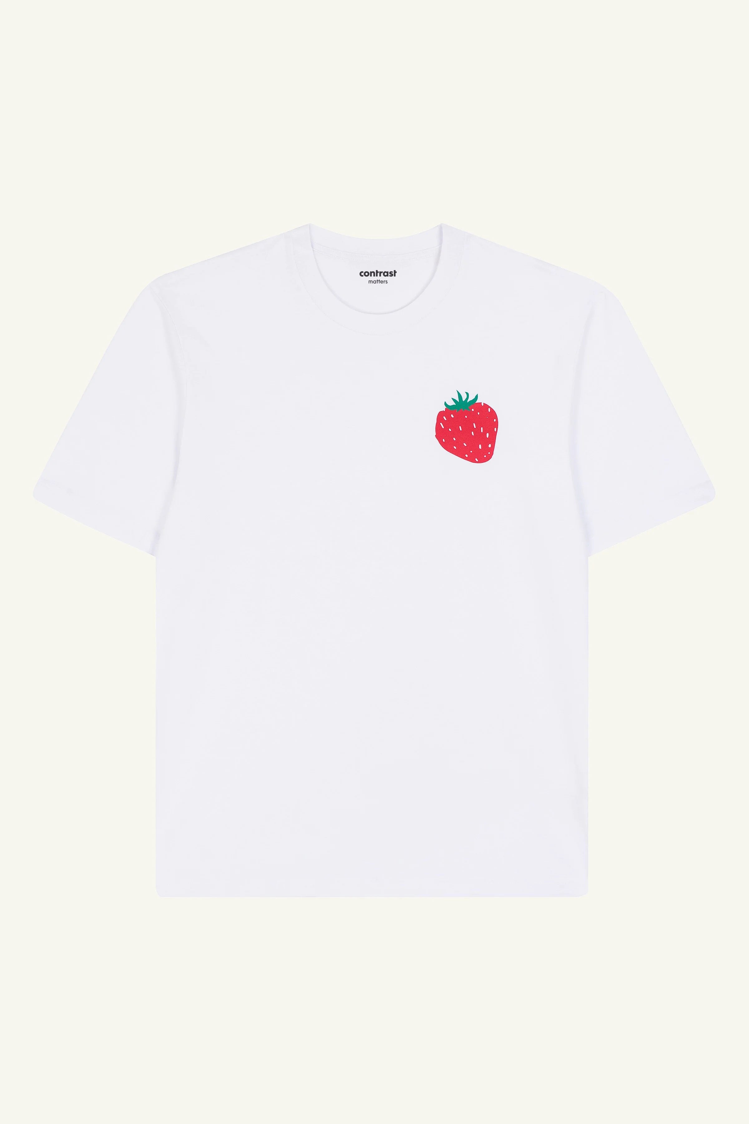 Contrast Strawberry graphic t-shirt in white, organic cotton tee with fruity graphic design