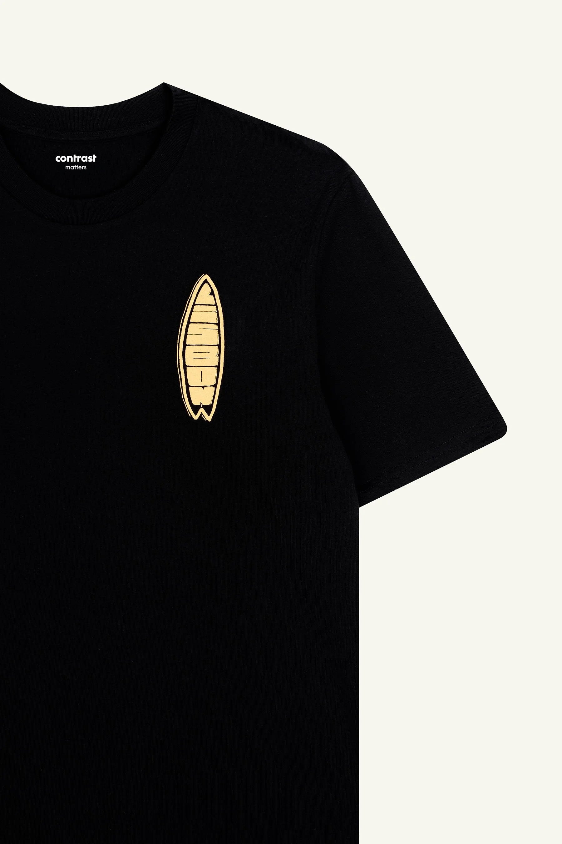 Black organic cotton t-shirts by Contrast, Lisbon Surfboard graphic t-shirt for surf-inspired style.