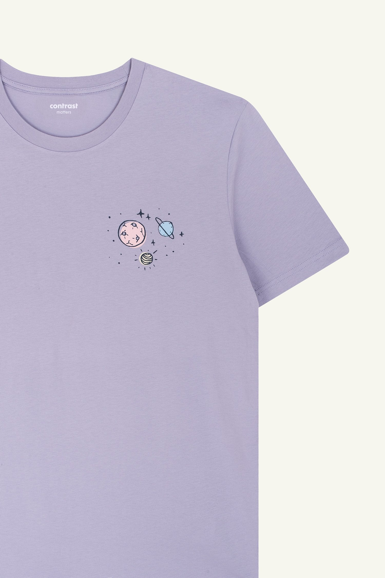 Contrast designer graphic tees collection featuring Outer Space organic tee shirts with celestial print.