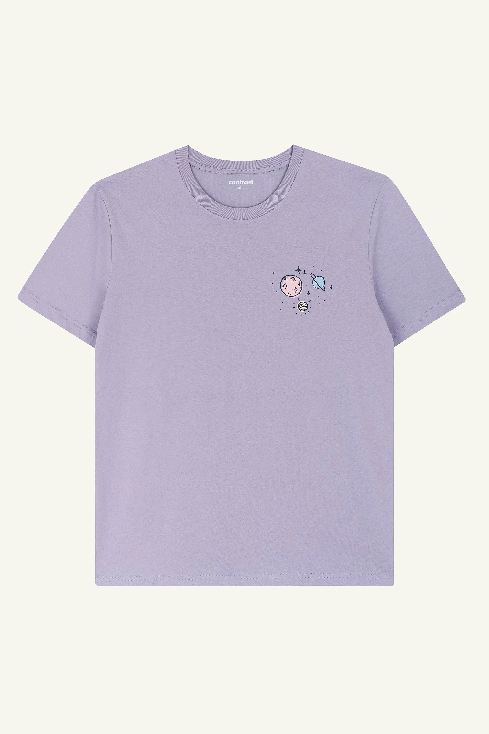 Contrast Outer Space graphic t-shirt in Lavender organic cotton, dreamy designer graphic tee with cosmic vibe.