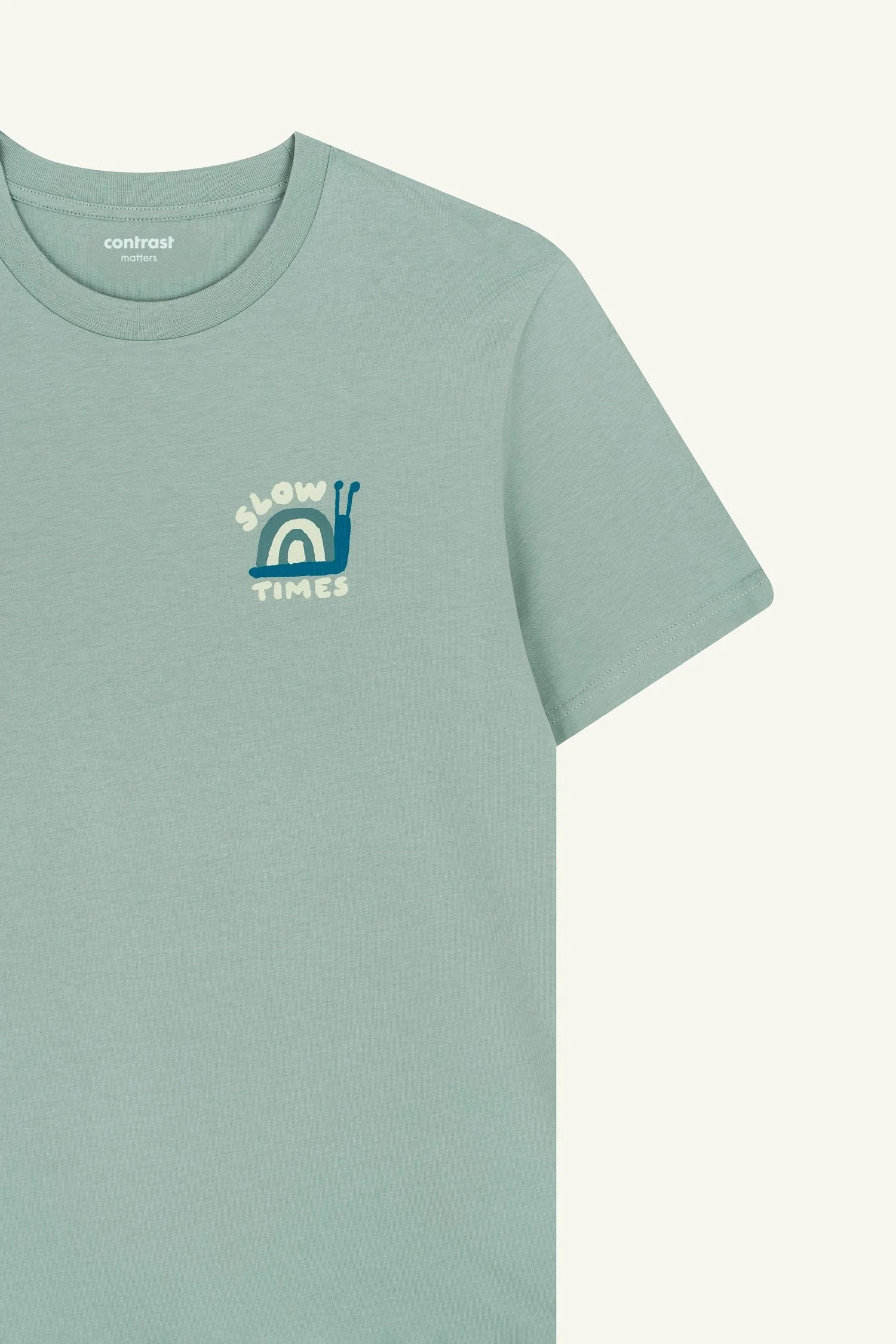 Aloe Green organic t-shirt with Slow Times graphic design by Contrast, modern and sustainable tee.