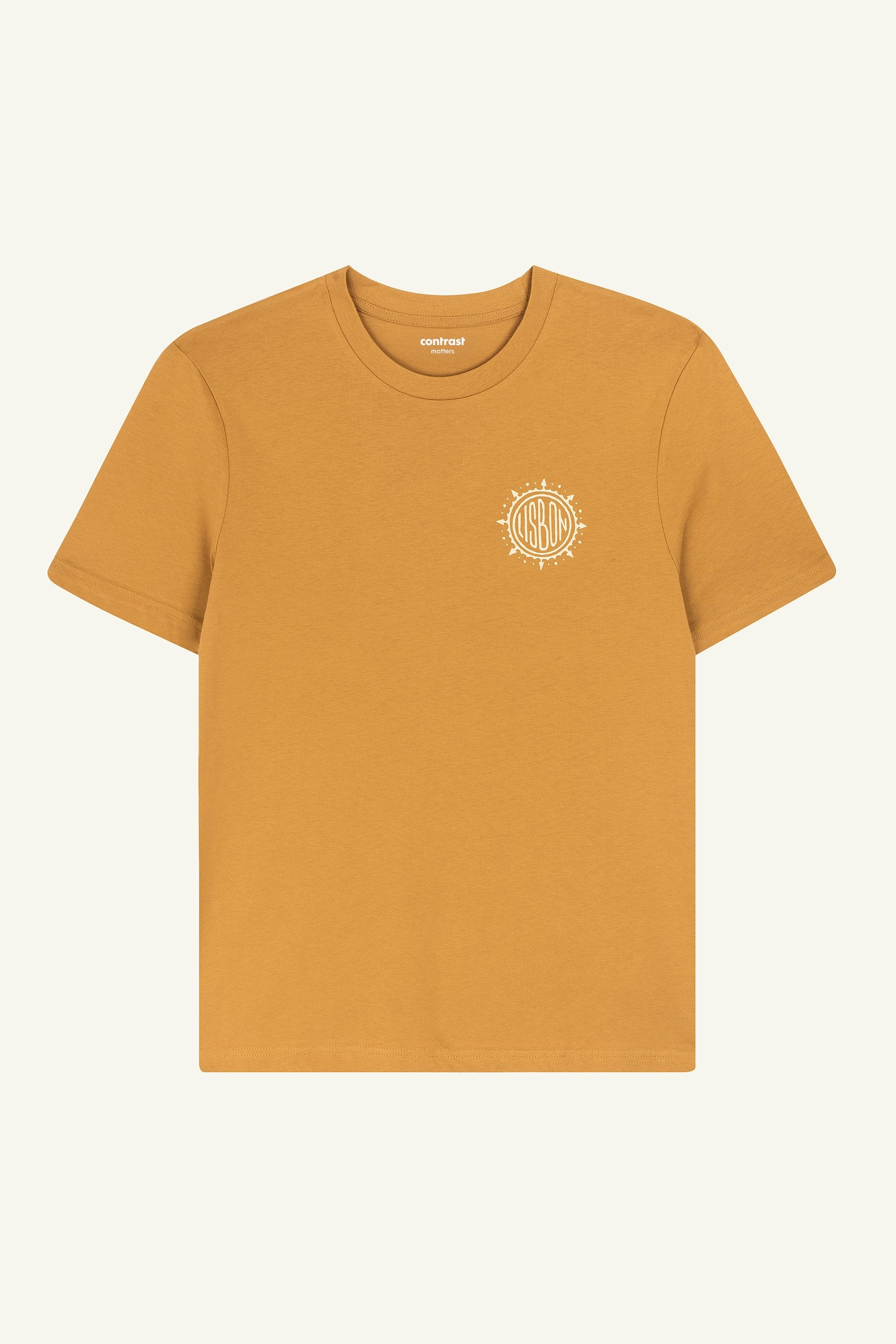 Contrast Wind Rose graphic t-shirt in Ochre Yellow, organic cotton designer graphic tee inspired by Lisbon’s discoveries.
