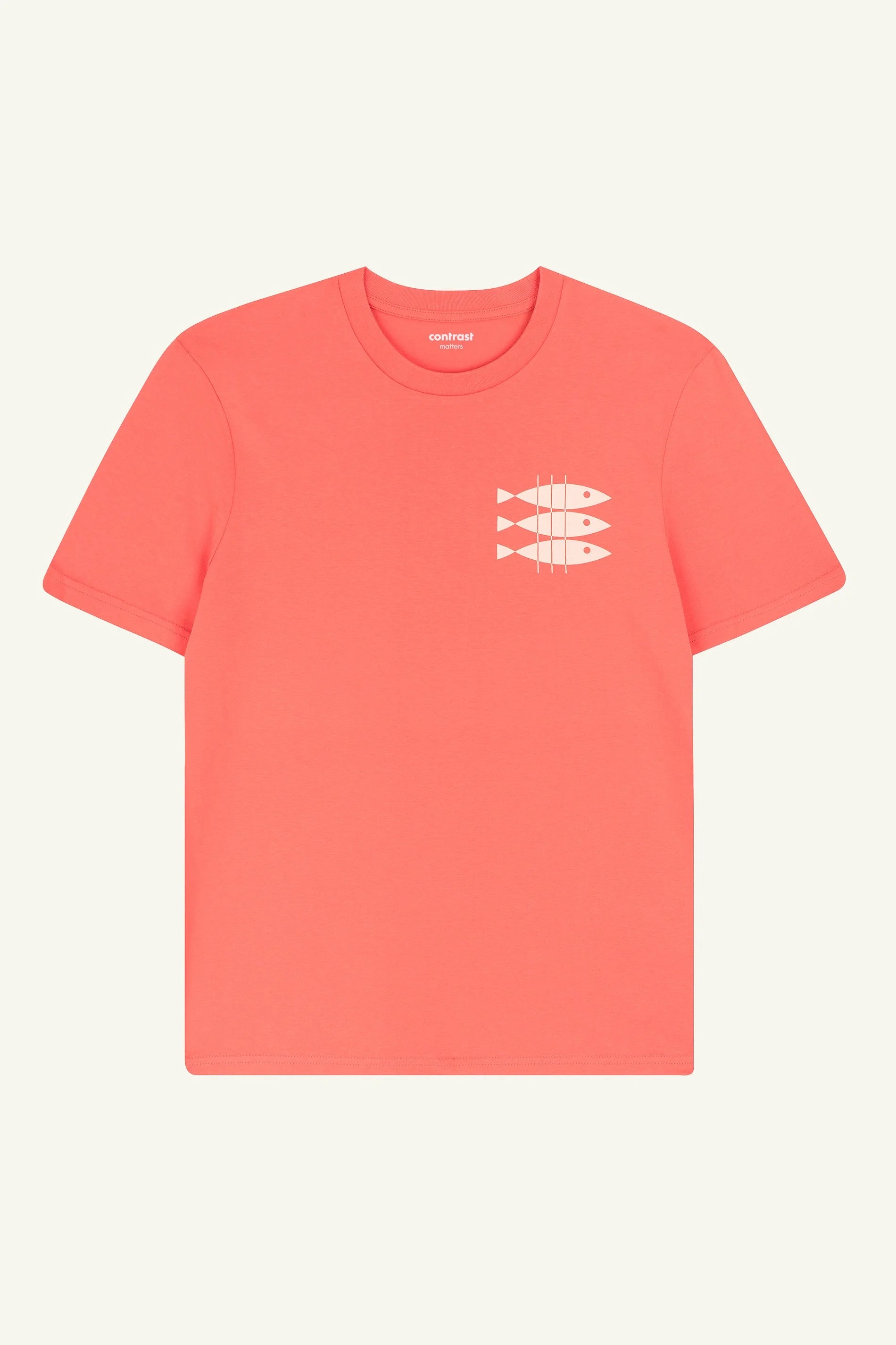 Contrast Sardines graphic t-shirt in Fiesta Orange, organic cotton designer graphic tee with Lisbon sardines artwork.