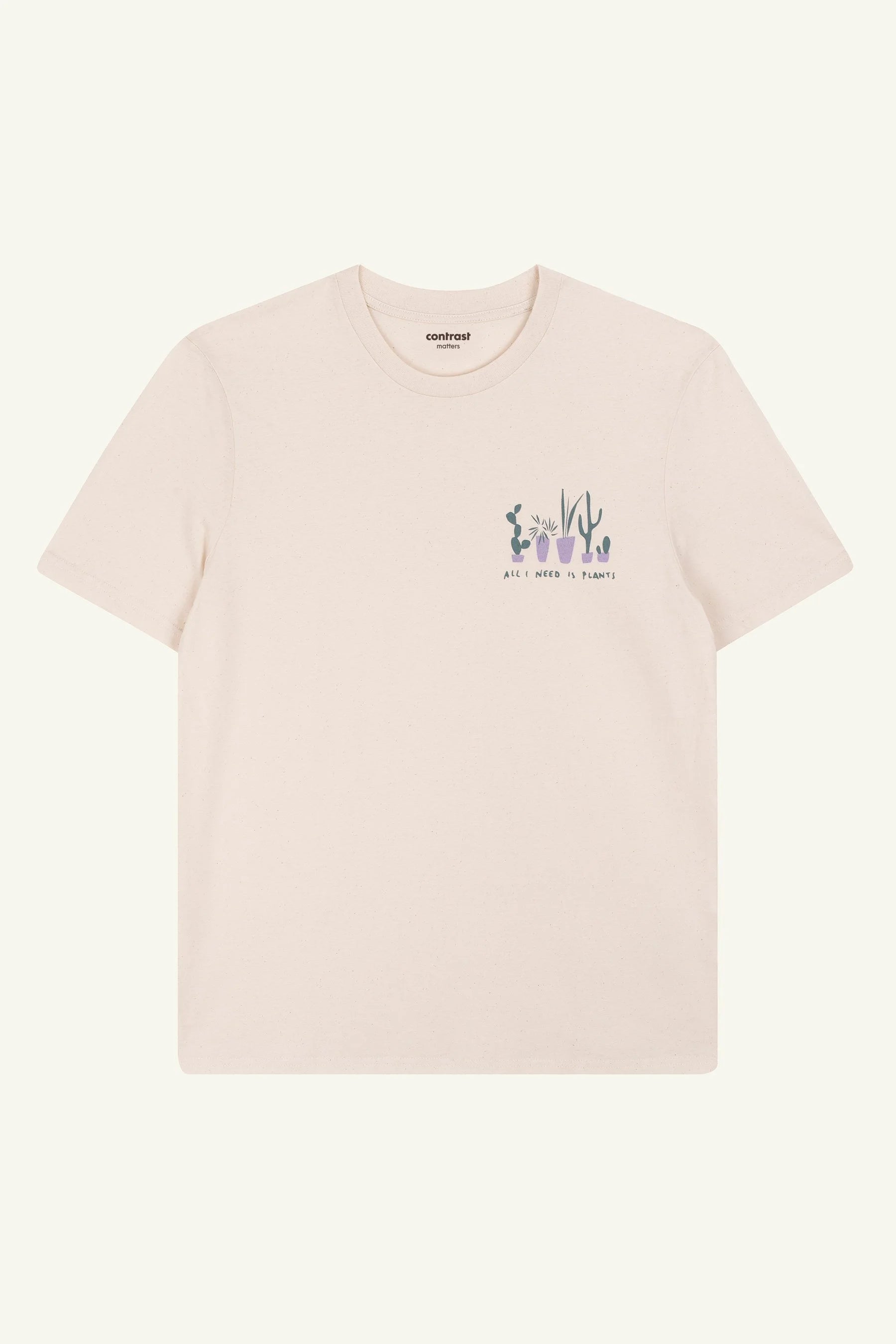 Contrast All I Need Is Plants graphic t-shirt in Natural Raw, organic cotton designer graphic tee for plant lovers.