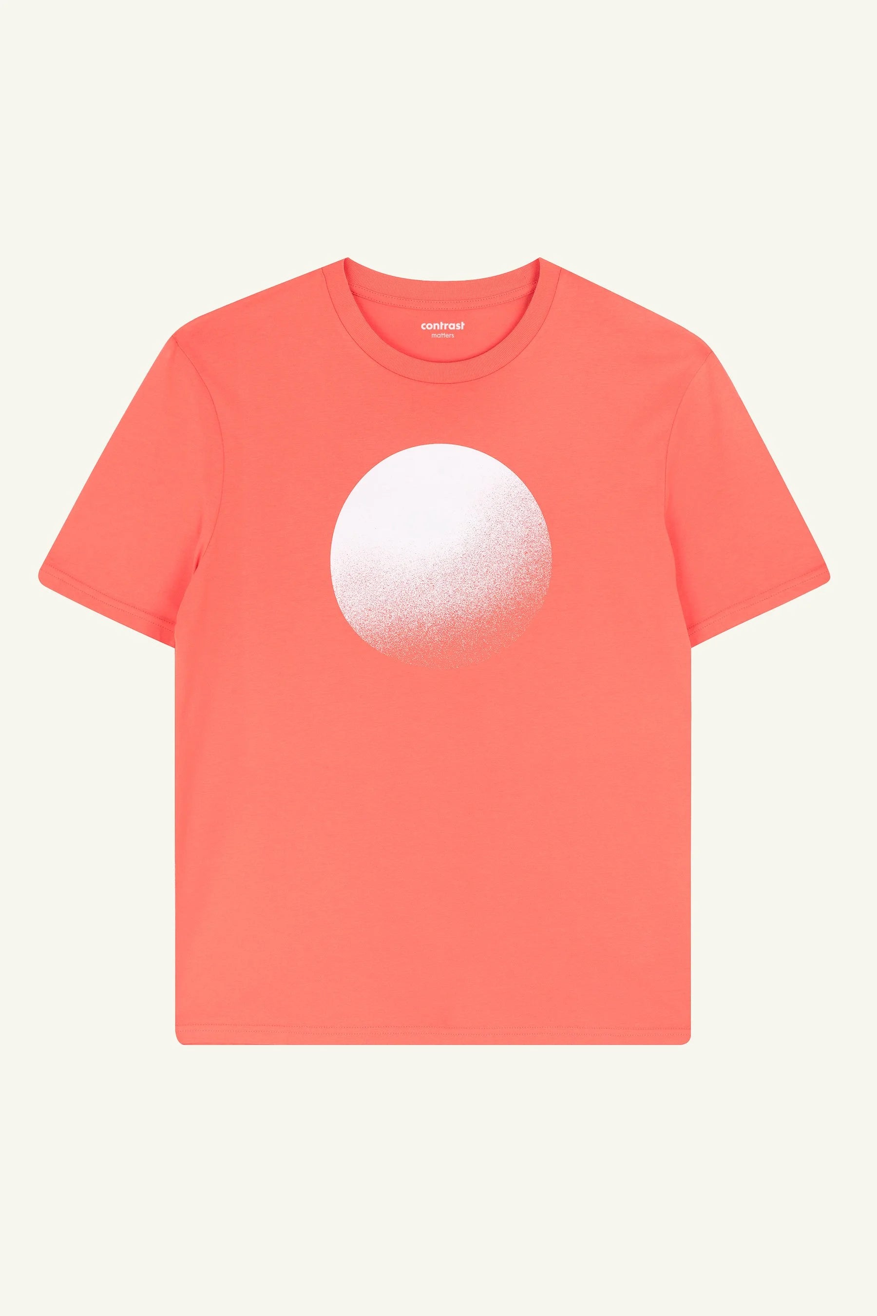 Contrast Moon graphic t-shirt in Fiesta Orange, organic cotton designer graphic tee with cosmic inspiration.
