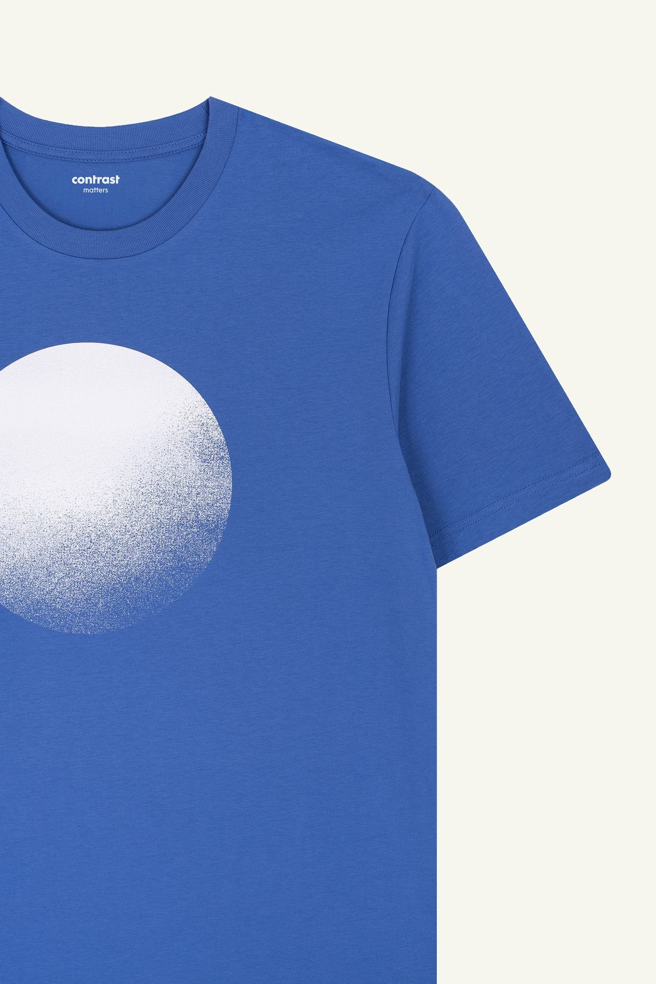 Bright Blue organic cotton t-shirts by Contrast, Moon graphic t-shirt for dreamers and stargazers.