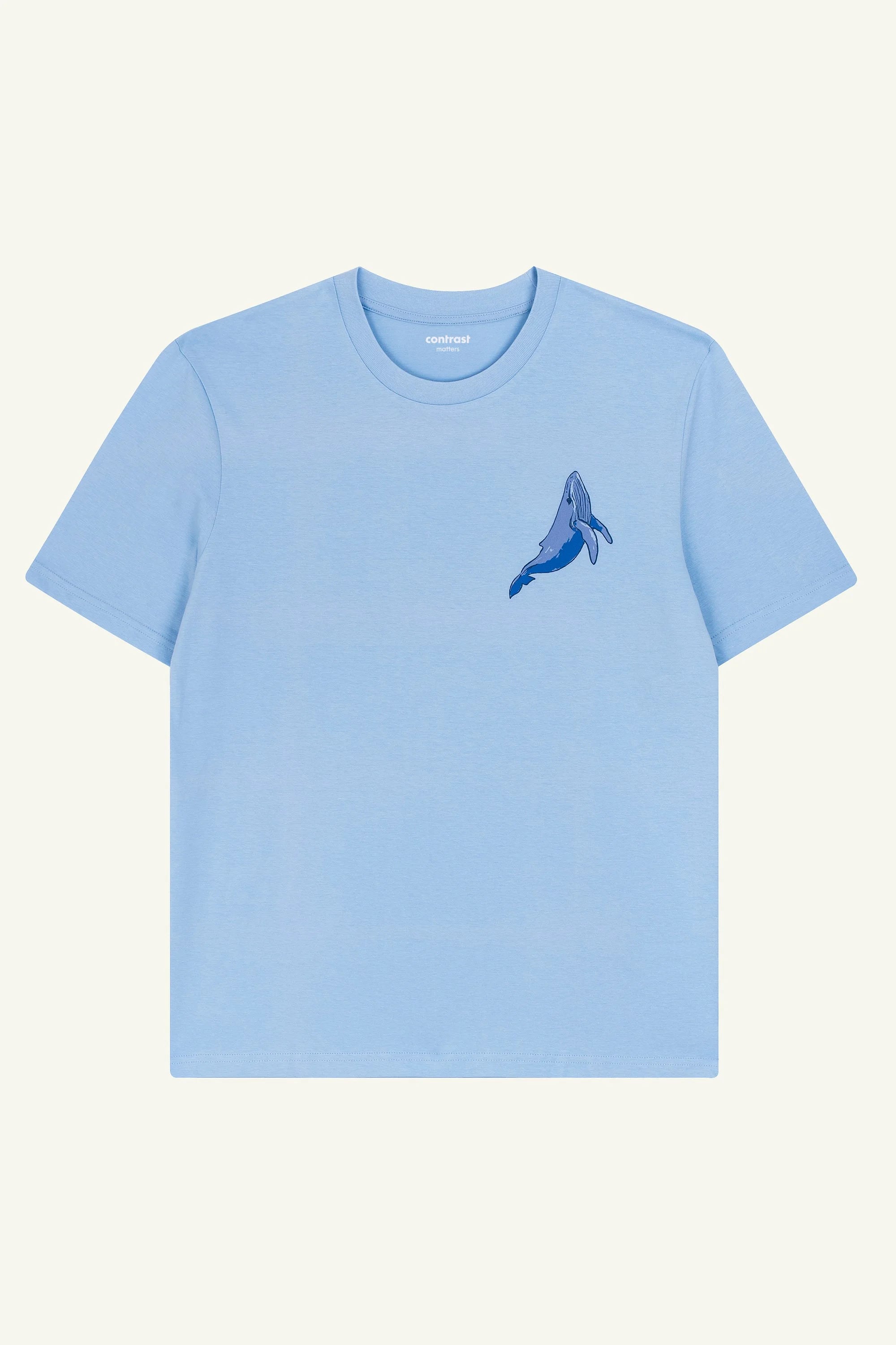 Contrast Jumping Whale graphic t-shirt in Blue Soul, organic cotton designer graphic tee with whale artwork.