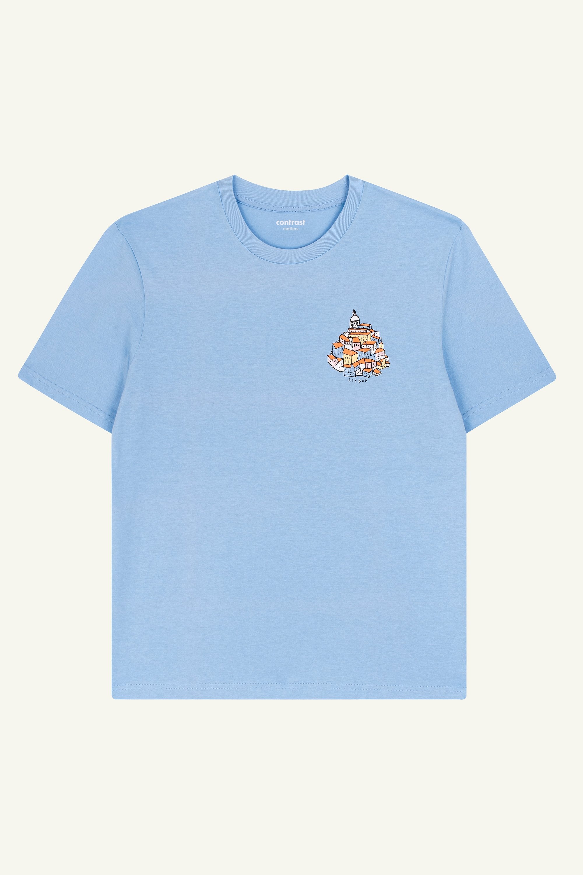 Contrast Alfama Hill graphic t-shirt in Blue Soul, organic cotton designer graphic tee inspired by Lisbon streets.