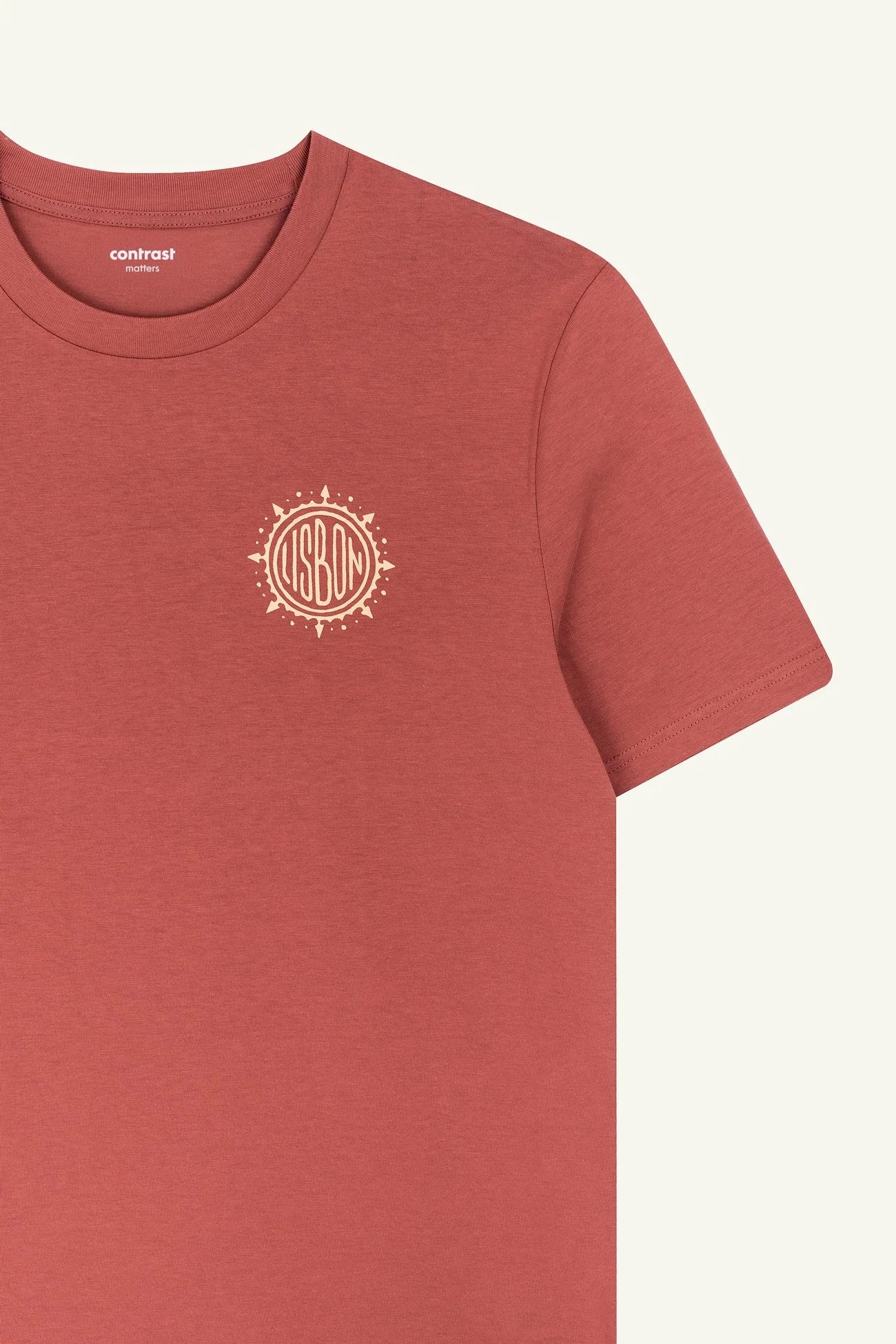 Heritage Brown organic cotton t-shirts by Contrast, featuring Wind Rose minimalist graphic design.