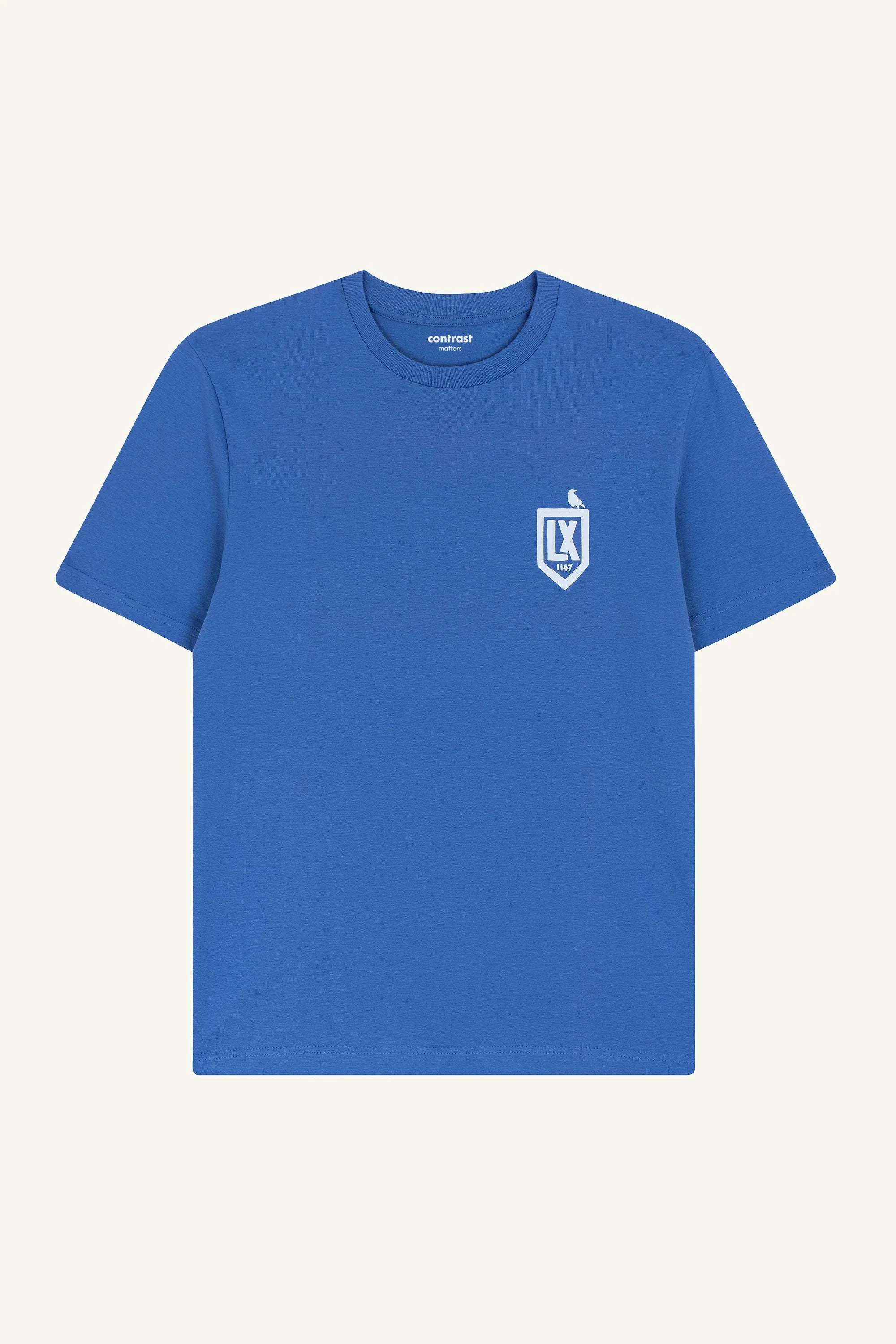 Contrast LX Badge graphic t-shirt in bright blue, organic cotton tee with unique Lisbon inspired design