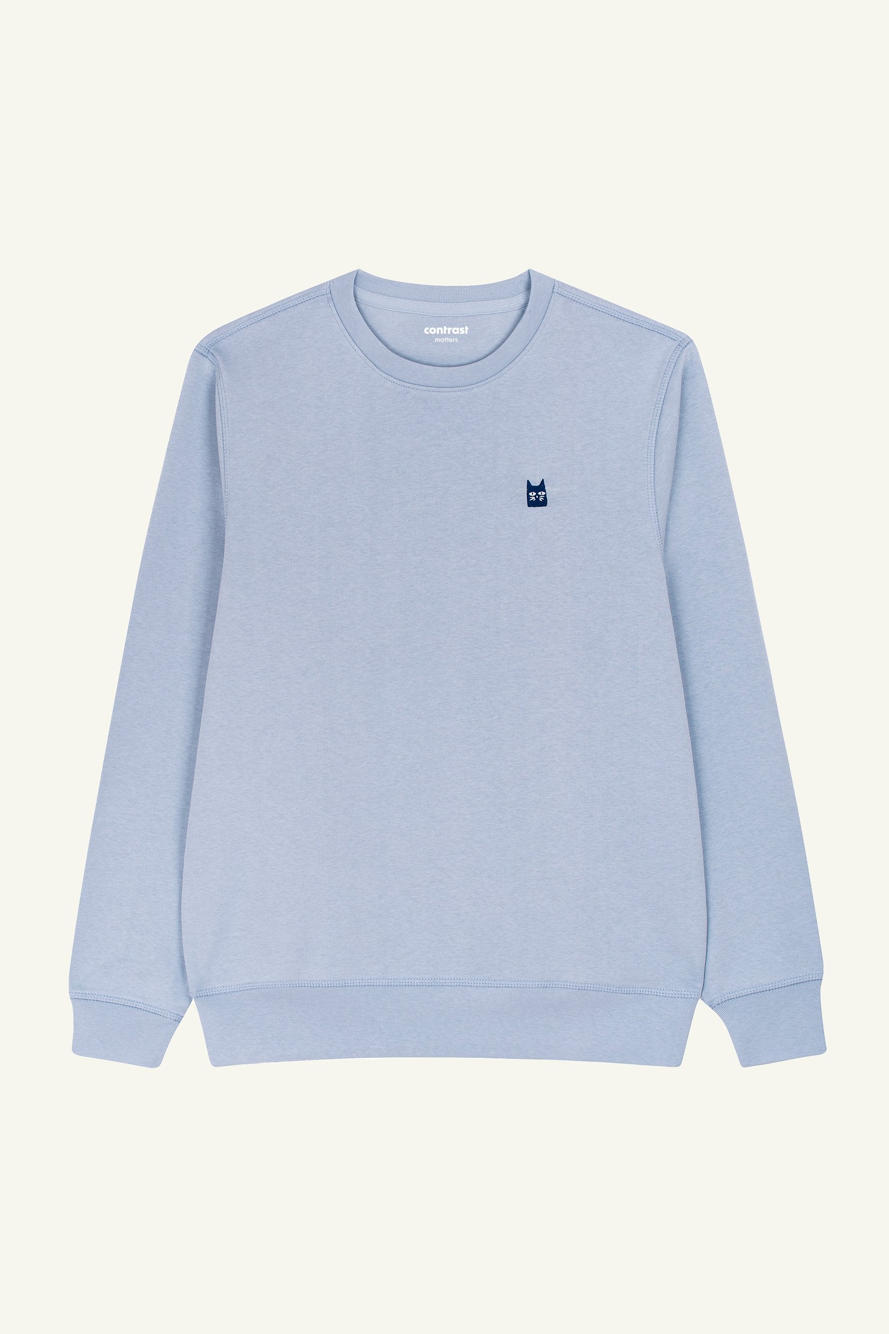 Contrast Pixel Cat sweatshirt in Serene Blue, organic cotton unisex graphic sweatshirt designed in Portugal