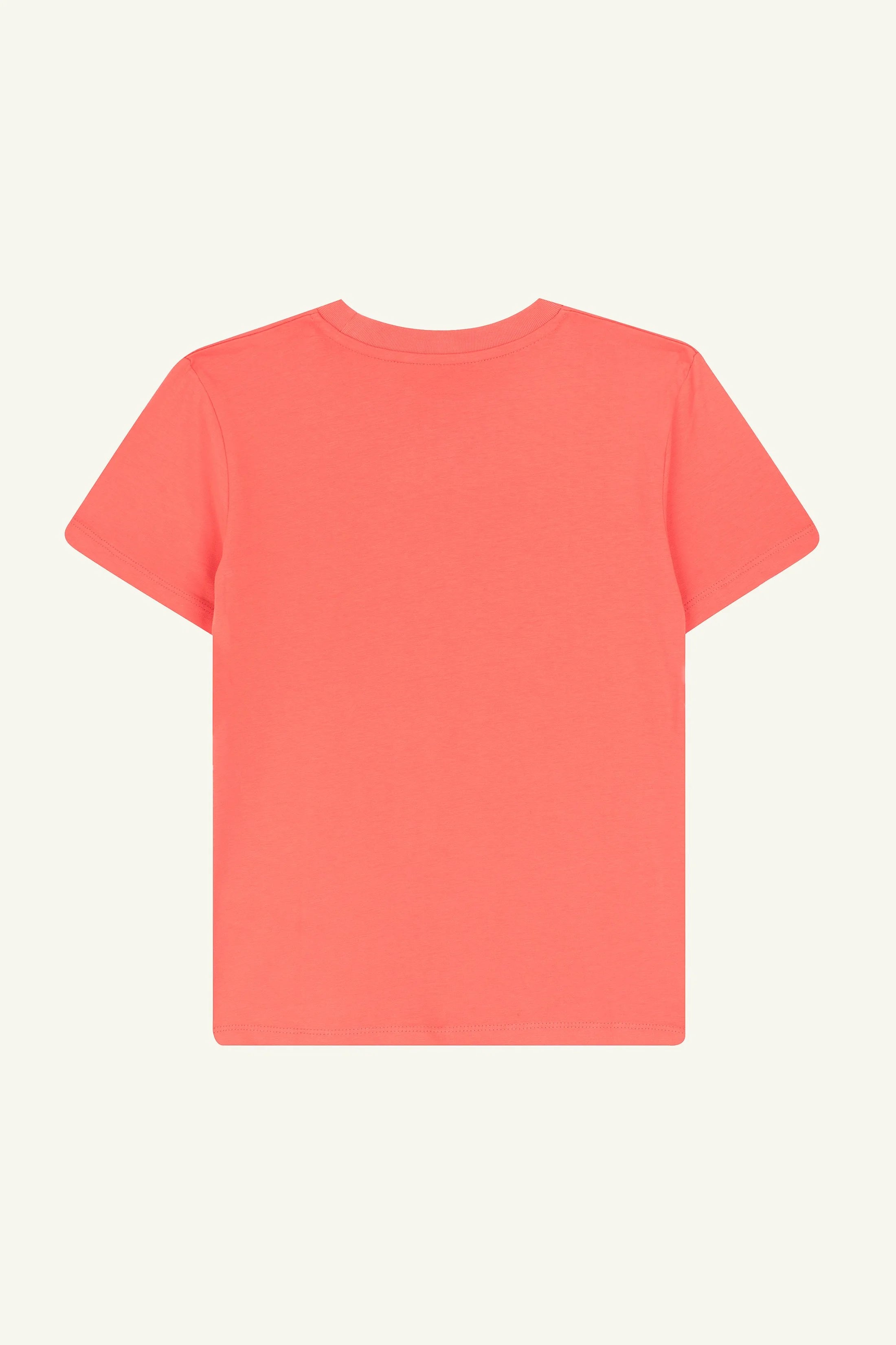 Contrast kids t-shirt in Fiesta Orange, organic cotton Lisbon Surfboard playful design
