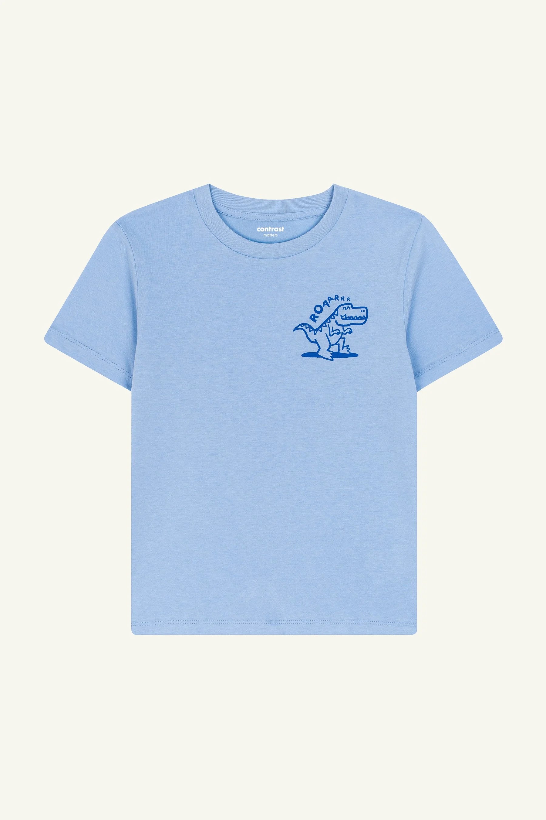 Contrast Dinosaur kids t-shirt in Blue Soul, organic cotton graphic tee with fun illustration