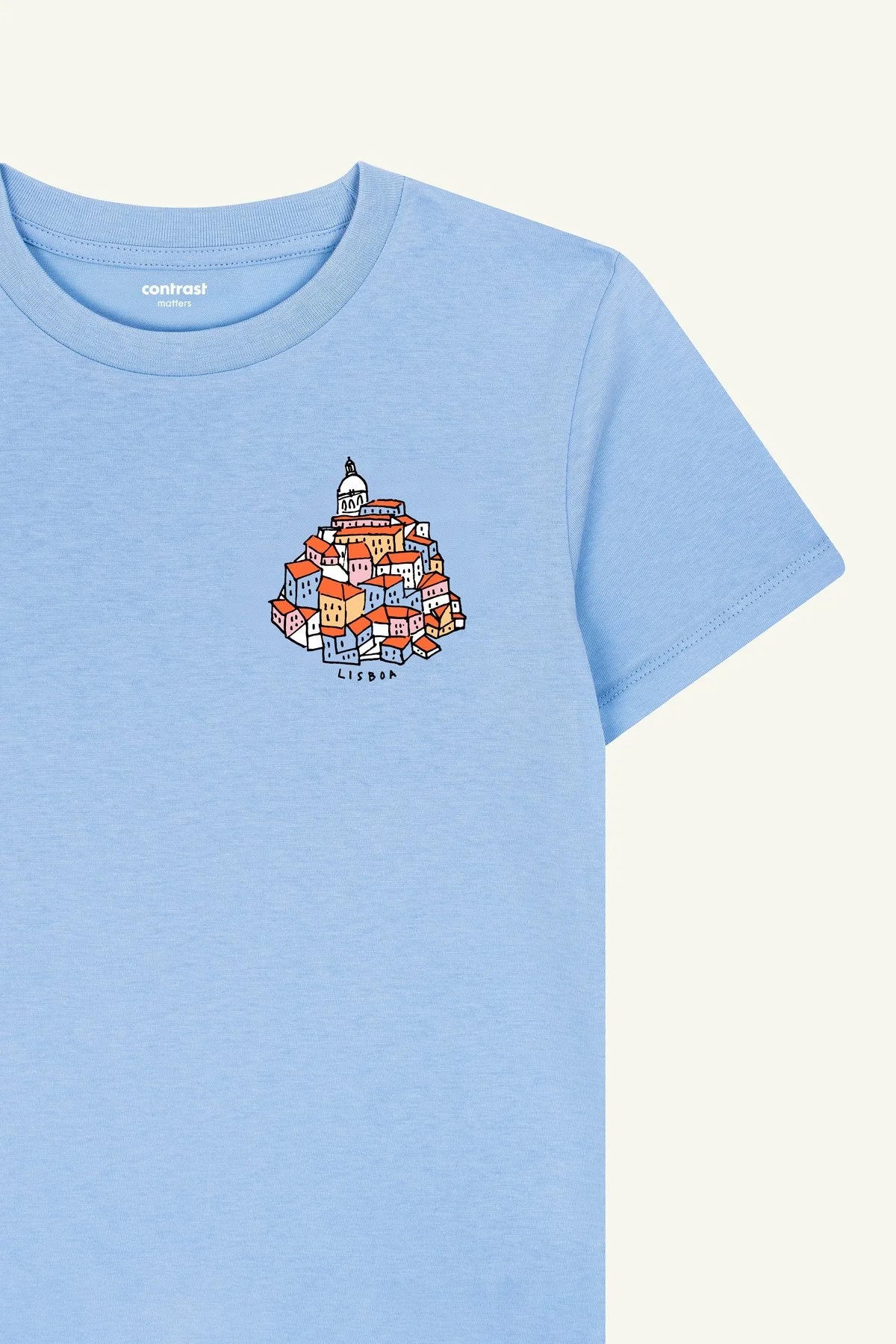 Sustainable kids graphic t-shirt, Contrast Alfama Hill Blue Soul organic cotton design